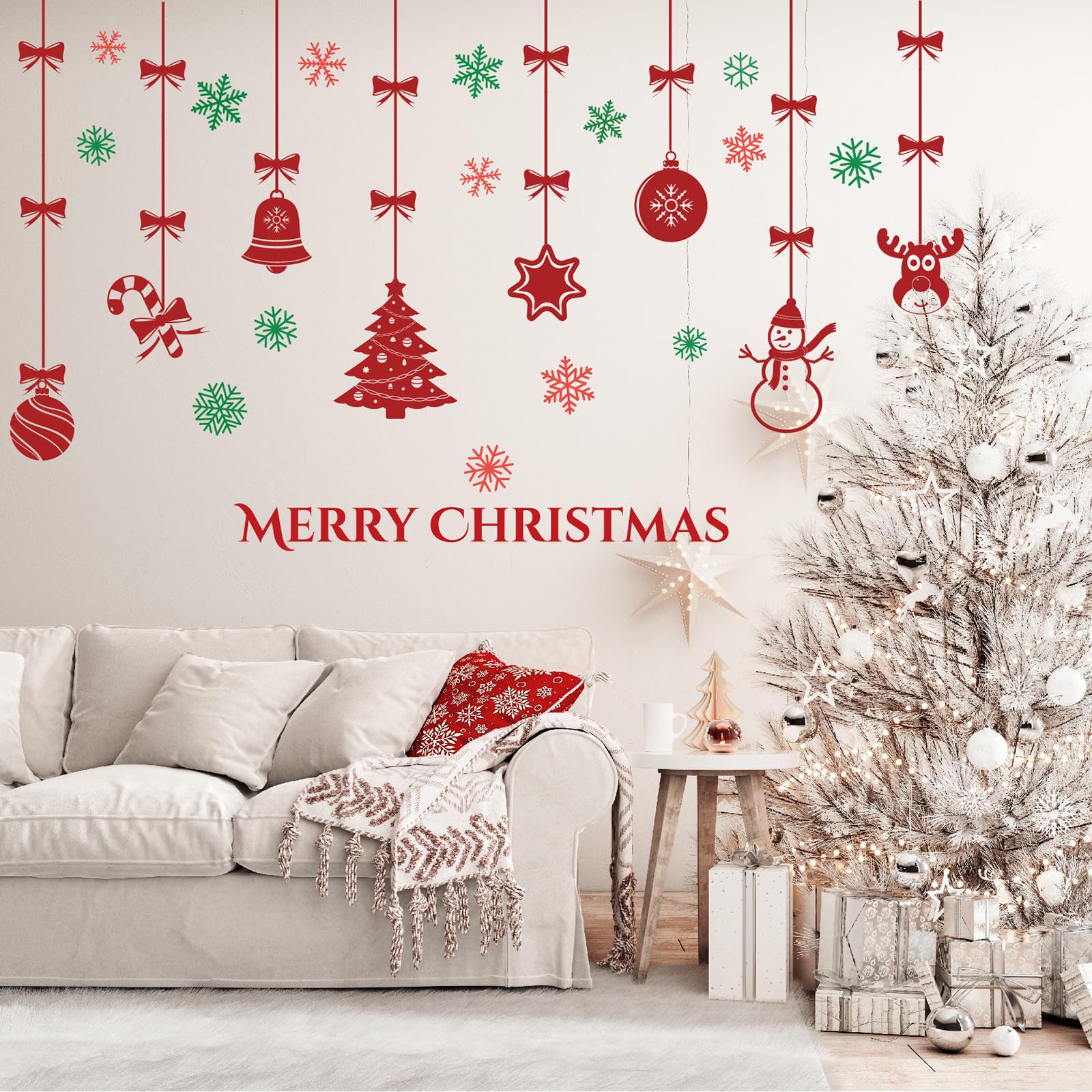 Merry Christmas Wall Decals Red Xmas Tree Snowflake Wall Stickers Removable Peel and Stick Art Murals for Bedroom Nursery Classroom Kids Room Christmas Party Decoration (Red) - Image 4