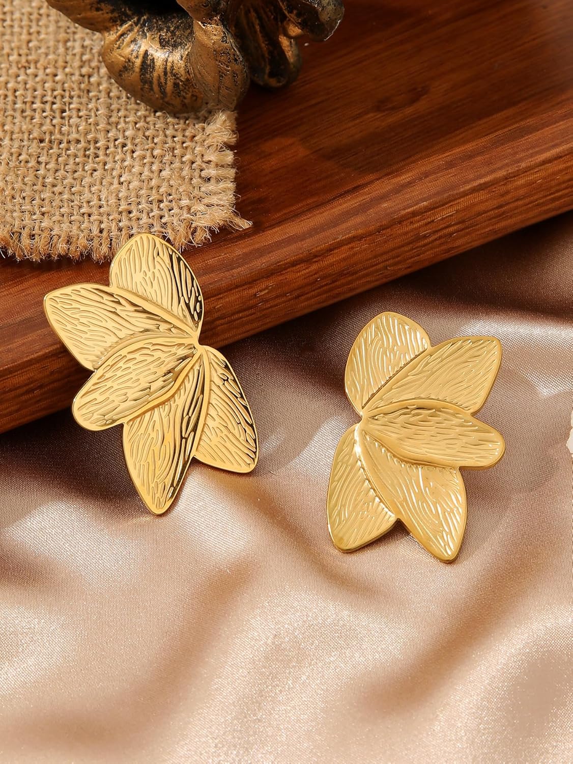 Gold Statement Flower Leaf Earrings for Women, 18K Gold Plated Stainless Steel Large Stud Earrings, Lightweight Angel Wing Design, Holiday & Christmas Gift Jewelry - Image 7