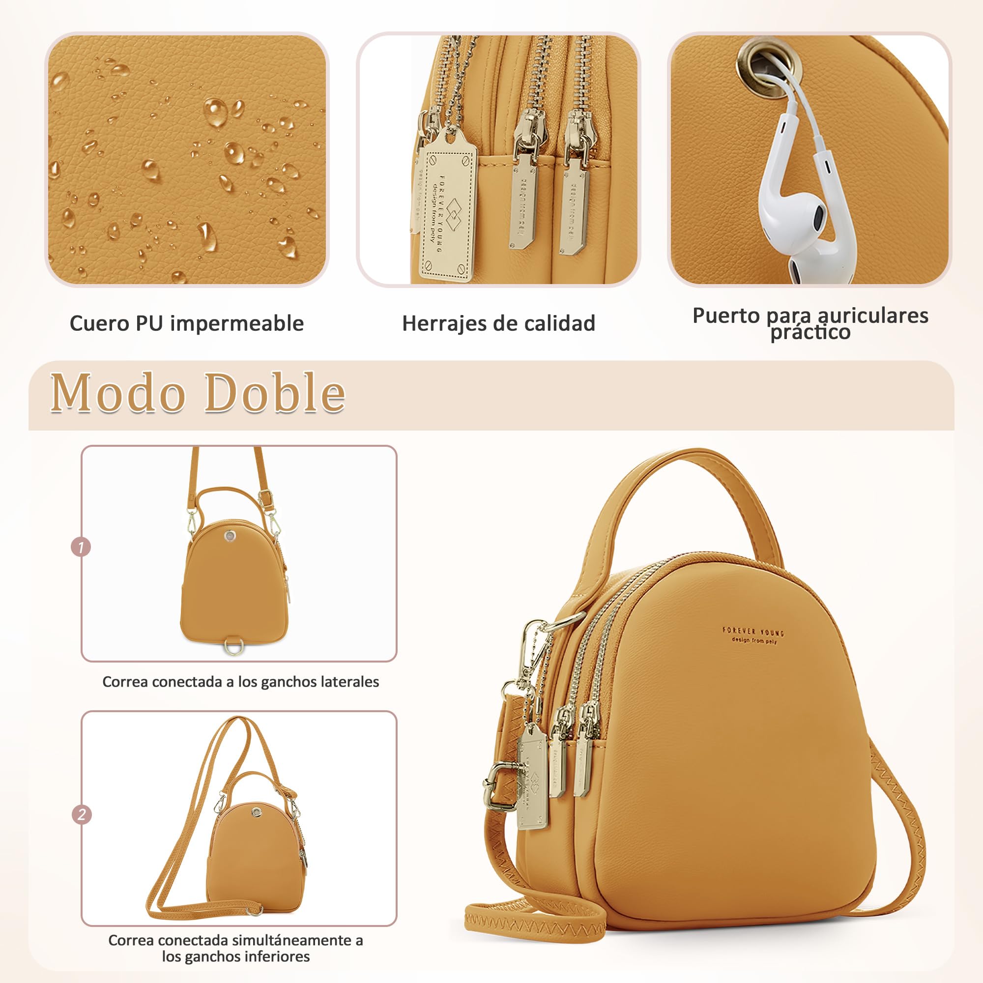 Lindo Mochilas Mujer Pequeña Moda Bolso con Orificio para Auriculares y Manejar Backpack Adecuado Trabajo Escuela Casual Impermeable Piel PU Mini Bolso Mochila Mujer Amarillo