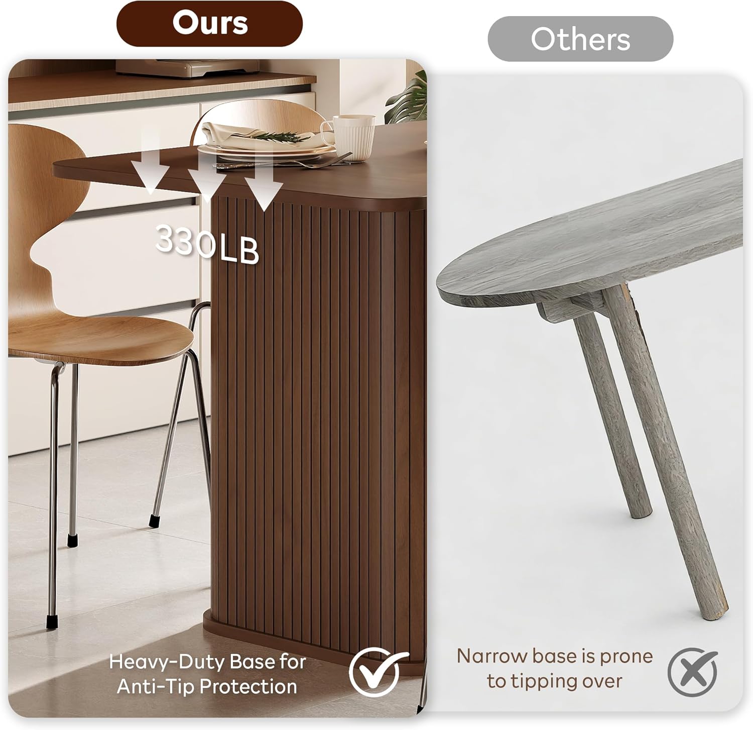 Dining Table for 4, Small Rectangular Kitchen Table for 2 with 3-Tier Storage Shelf, Farmhouse Modern Fluted Wood Table (Walnut)