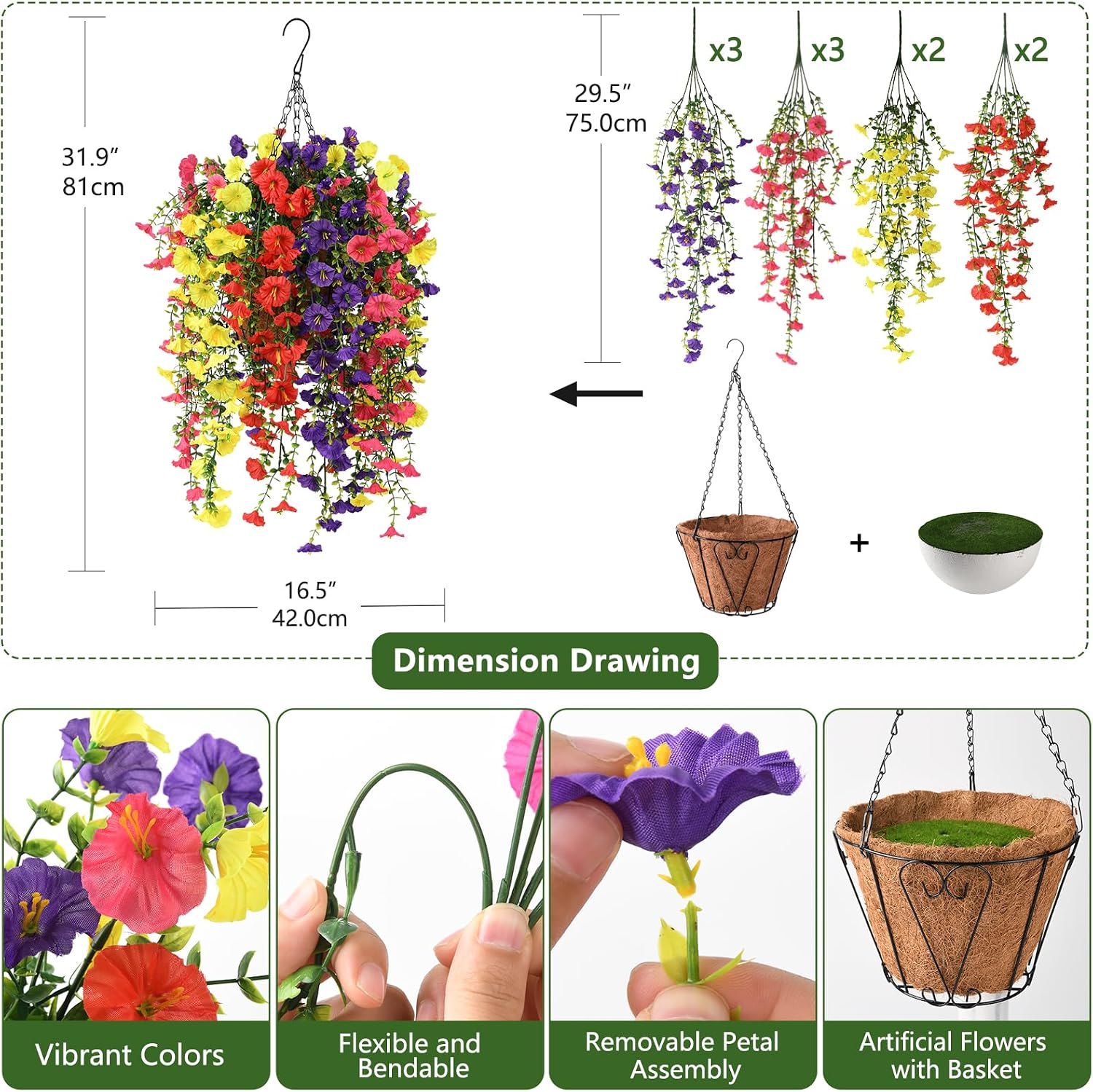 Homsunny Artificial Fake Hanging Flowers Plants Baskets for Outdoor Spring Decoration, Faux Morning Glory Silk Flower for Outside Realise UV Resistant Patio Yard Porch Balcony Home Decor (Mixed 1)