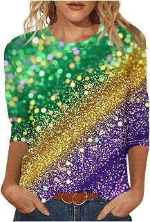 3/4 Length Sleeve Womens Tops Mardi Gras Shirt Carnival Round Neck Cute Tunic Tops New Orleans Party Tees Blouses