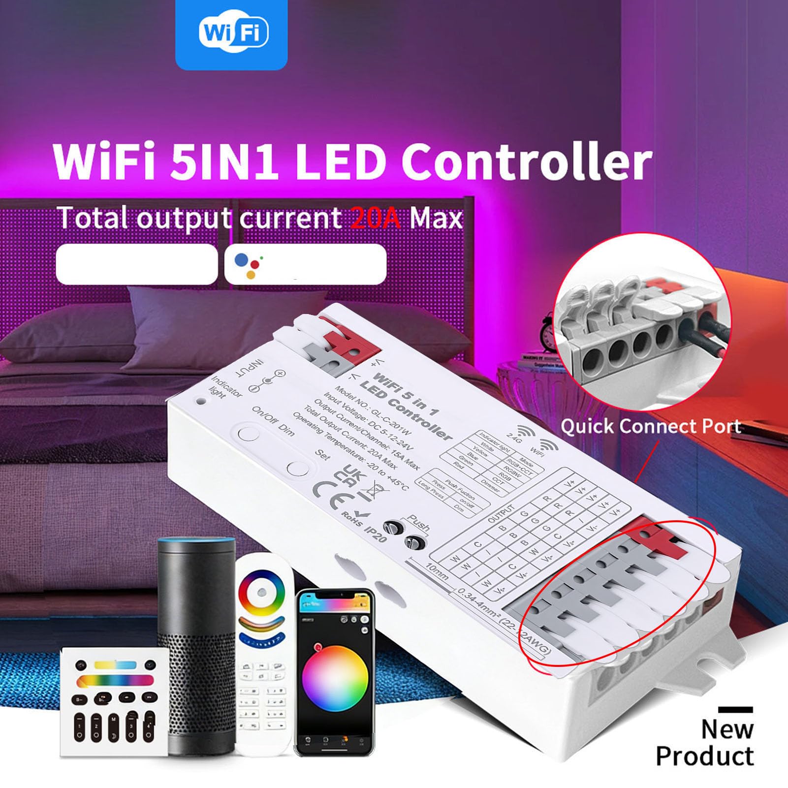 Controller Luce LED Smart WiFi Bluetooth Lampada Striscia 5 in 1 RGBCCT RGBW Dimmer 20A per Illuminazione Personalizzata