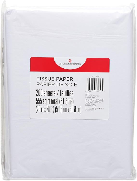 American Greetings Bulk White Tissue Paper (200 Sheets, 20 x 20) for Birthdays, All Occasions, Christmas, Valentine's Day, Gift Bags, Boxes, Gift Wrap, Crafts, Paper Flowers, Pom Poms, and More