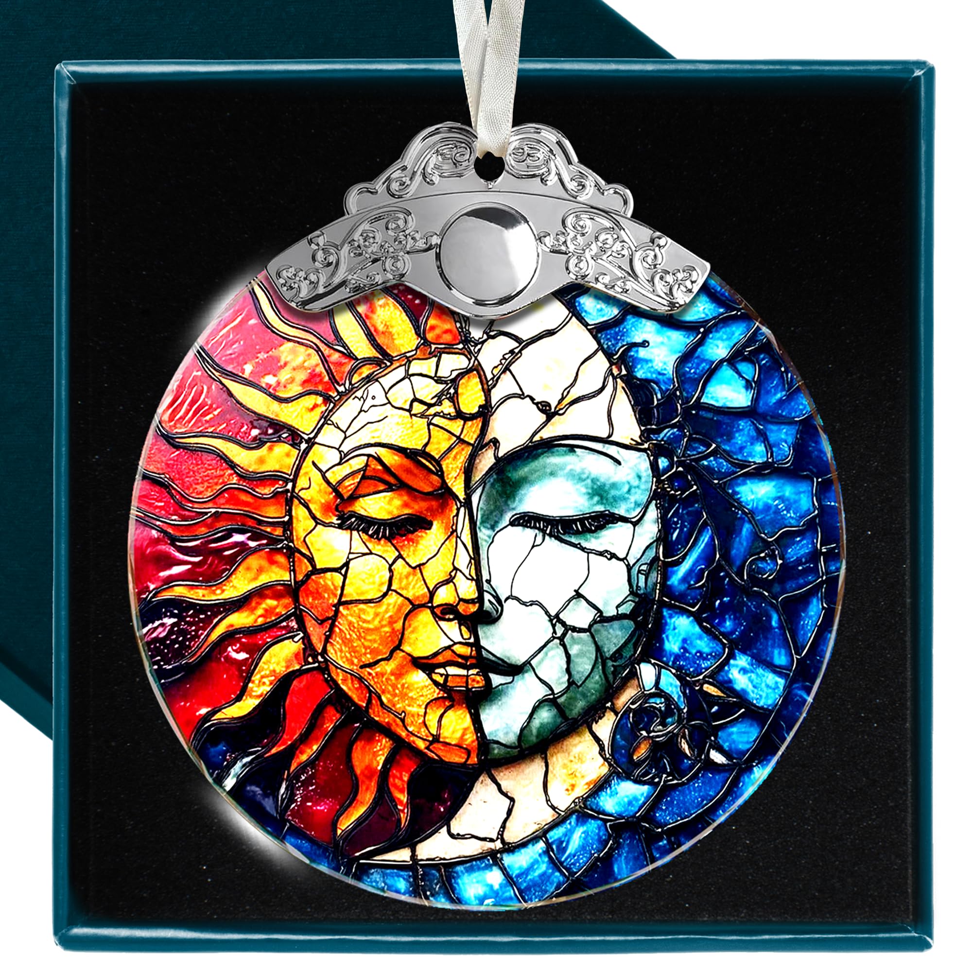 Sun and Moon Christmas Ornaments - Ideal Gifts for Astrology Enthusiasts, Unique Stained Glass Sun and Moon Ornaments for Christmas Tree, Ideal Gift