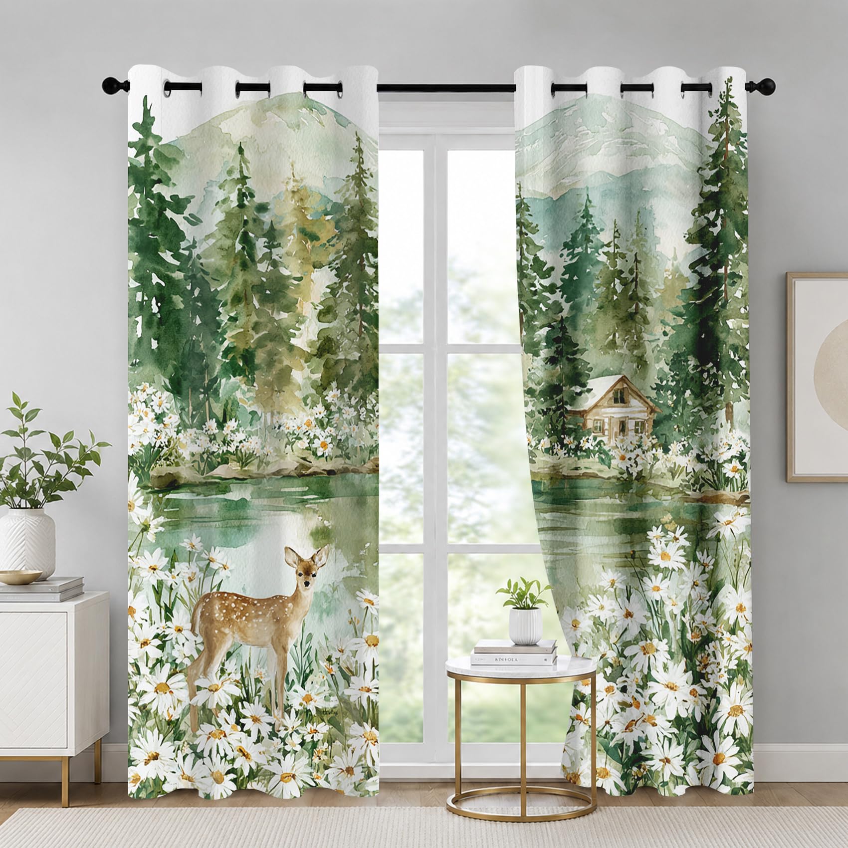 Rideaux occultants arbres forêt montagne 140x240 cm avec oeillets thermiques pour le salon