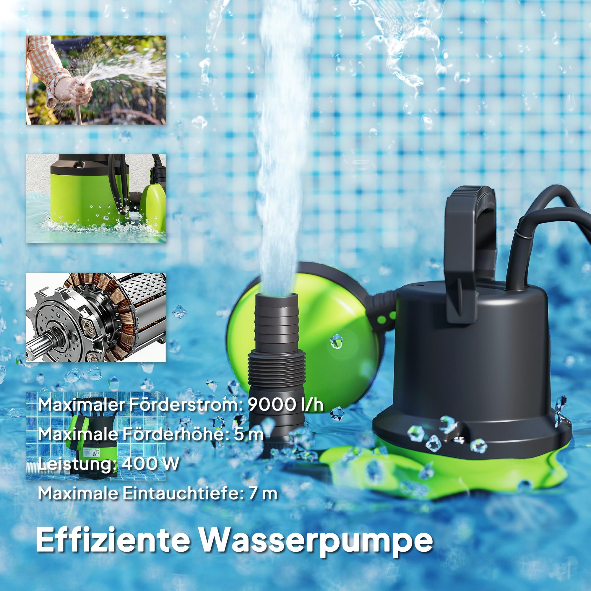 Outsunny Bomba sumergible para aguas residuales con interruptor de flotador, altura de extracción máx. 5 m, profundidad de inmersión máx. 7 m, 400 W, 9000 L/h, verde, 16 x 14 x 27 cm
