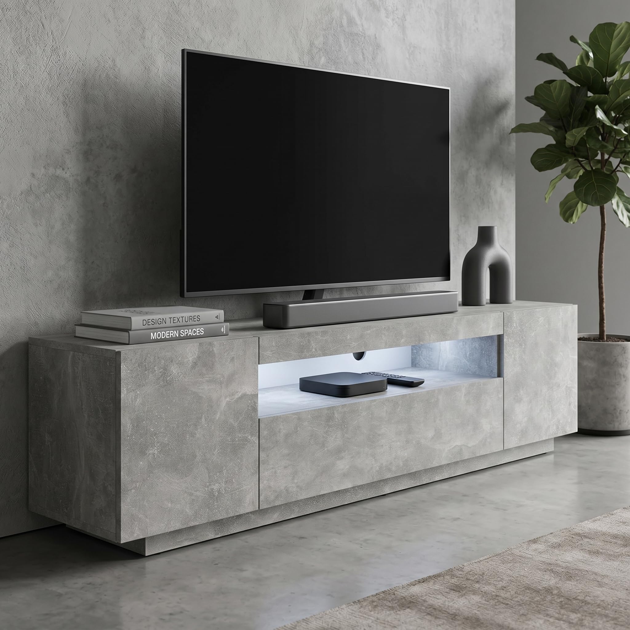 BIM Furniture Lowboard TV 200 cm - Universell Sideboard mit Laminierten Fronten und LED, Hängend oder stehend - Fernsehschrank HiFi Schrank fürs Wohnzimmer Beton