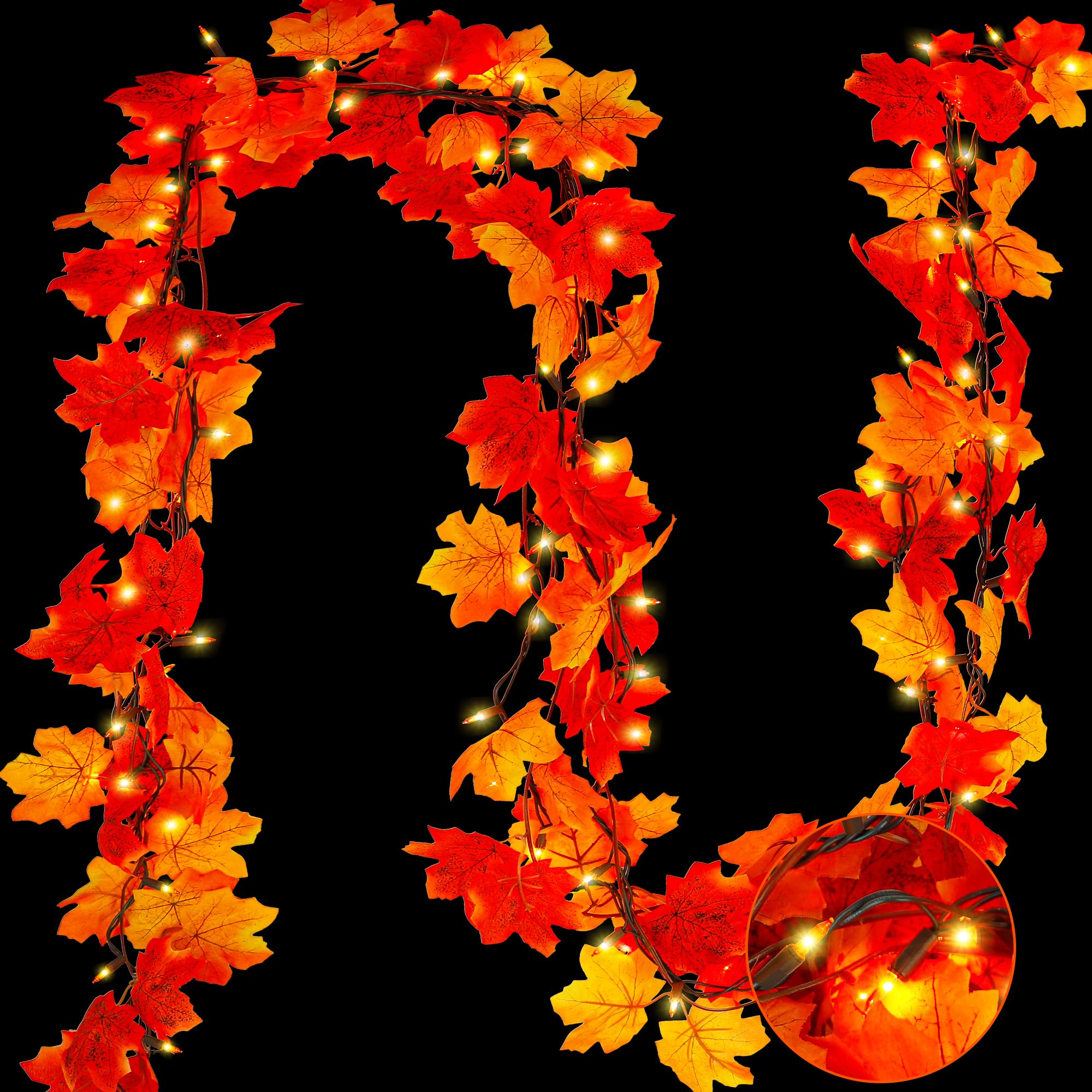 9FT Fall Decor Fall Decorations for Home, 50 Orange Bulbs Plug in Fall Garland with Lights, Connectable Maple Leaves Light for Indoor Outdoor Festival Decorations Fireplace Party