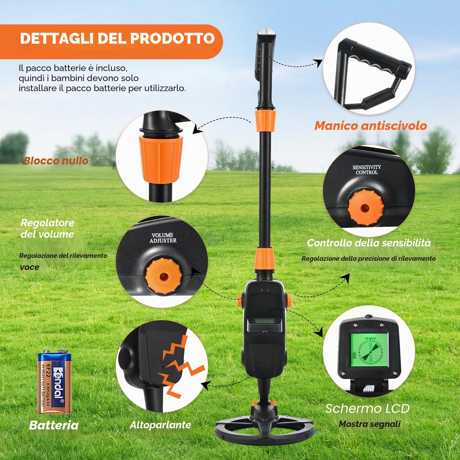 Metal Detector per Bambini, Metal Detector Leggero IP68 con Display LCD e Indicazione Sonora, Dotato di Bobina di Ricerca Impermeabile per Bambini (incluso zaino e pala)