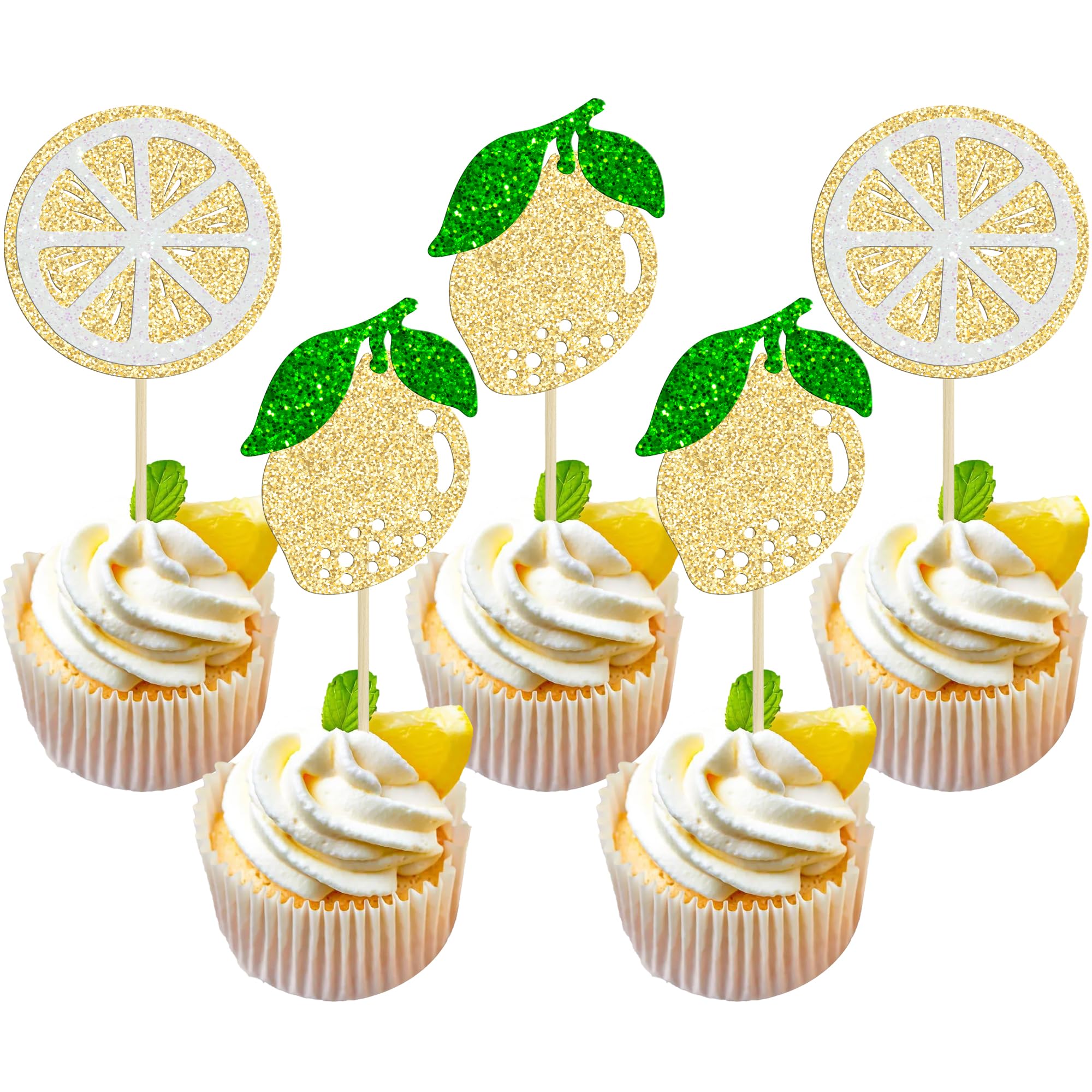 Gyufise 24Pcs Lemon Cupcake Toppers Glitter Fruit Theme Lemonade Party Cupcake Picks for Lemon Theme Baby Shower Wedding Engagement Bridal Shower Birthday Main Squeeze Party Cake Decorations Supplies