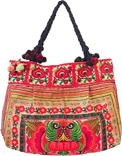 Changnoi Unique Boho Tote Bag, Handmade Hippie Tote Bag, Hmong Embroidered Bag, Large Beach Bag (Orchid Yellow)
