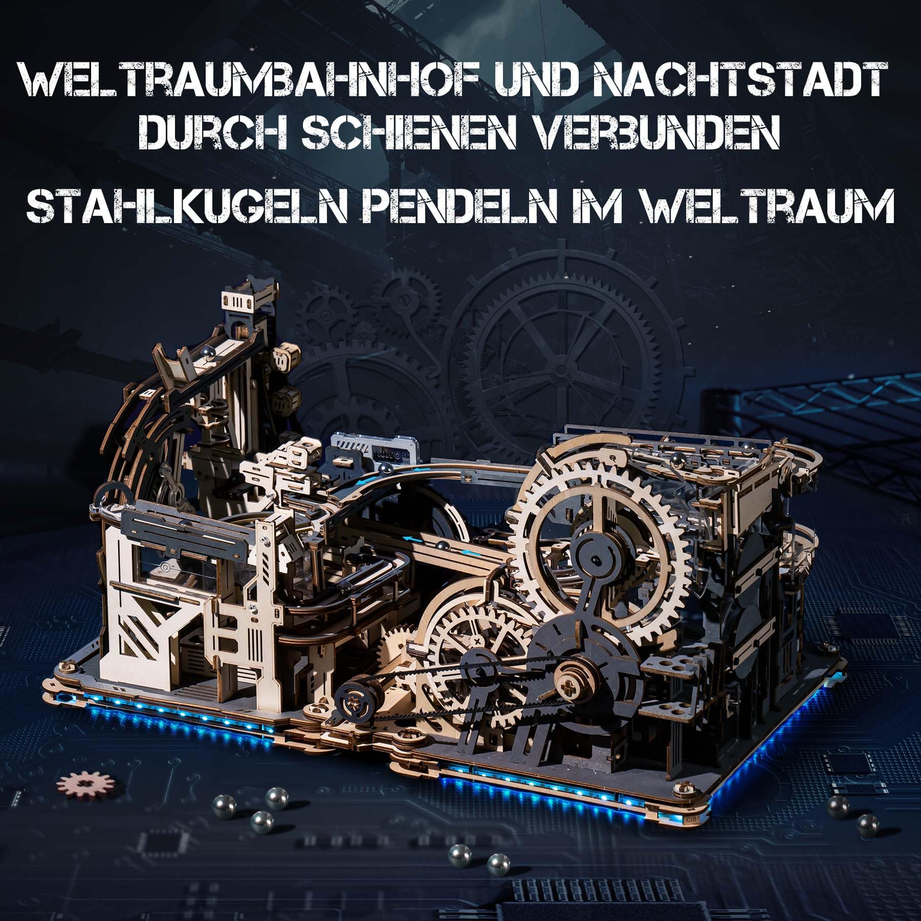 ROBOTIME LGX02 3-in-1 Holz-Murmelbahn für Erwachsene, Night City & Spaceport