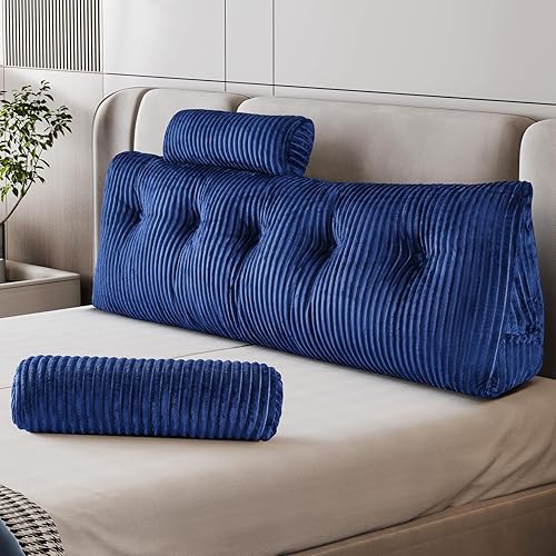 Miniatura 9 de Z-hom Almohada de cuña Queen con 2 cojines de rollo, almohada de lectura grande para sentarse en la cama, cojín de respaldo triangular para Azul