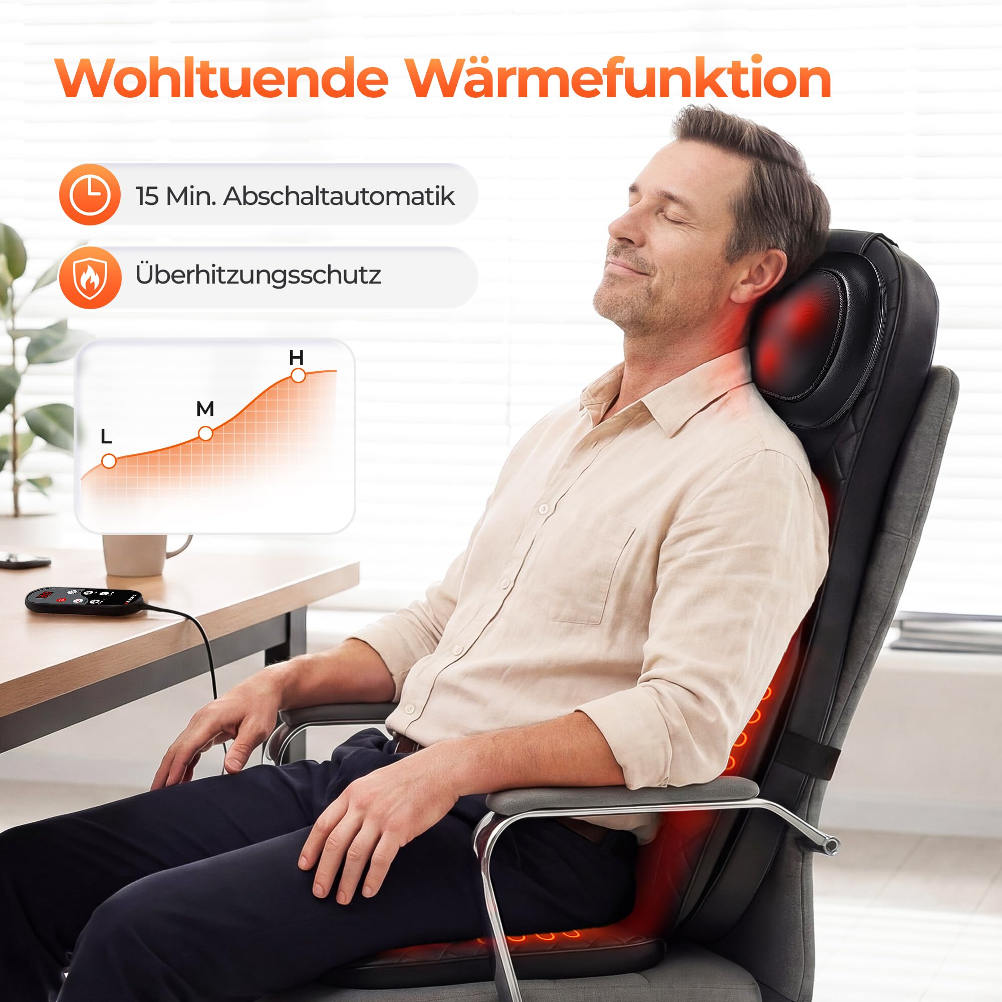 Shiatsu Massagesitzauflage, Massagegerät Rücken mit Knetmassage, Rollmassage & Vibration, Rückenmassagegerät mit Wärme mit 2 Nacken-Wechselköpfen für Nacken Schulter Rücken und Oberschenkel