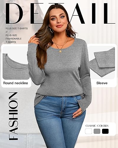 Miniatura 6 de Paquete de 3 camisas de algodón para mujer, talla grande, cuello redondo, manga larga, casual, ajustadas, camisetas de punto, blusas