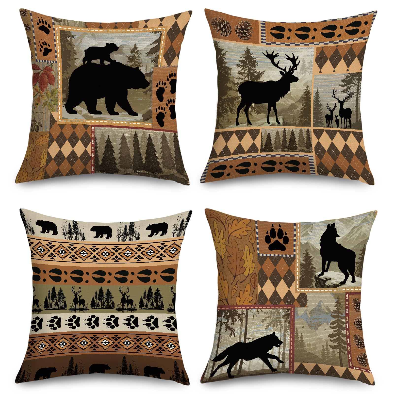 Joymaison Rustic Wild Animals Bear Deer Wolf Cushion Covers 45 x 45 Pack of 4 Cabin Country Farmhouse Brown Square Throw Pillow Case Decorative Sofa Cushion with Invisible Zipper