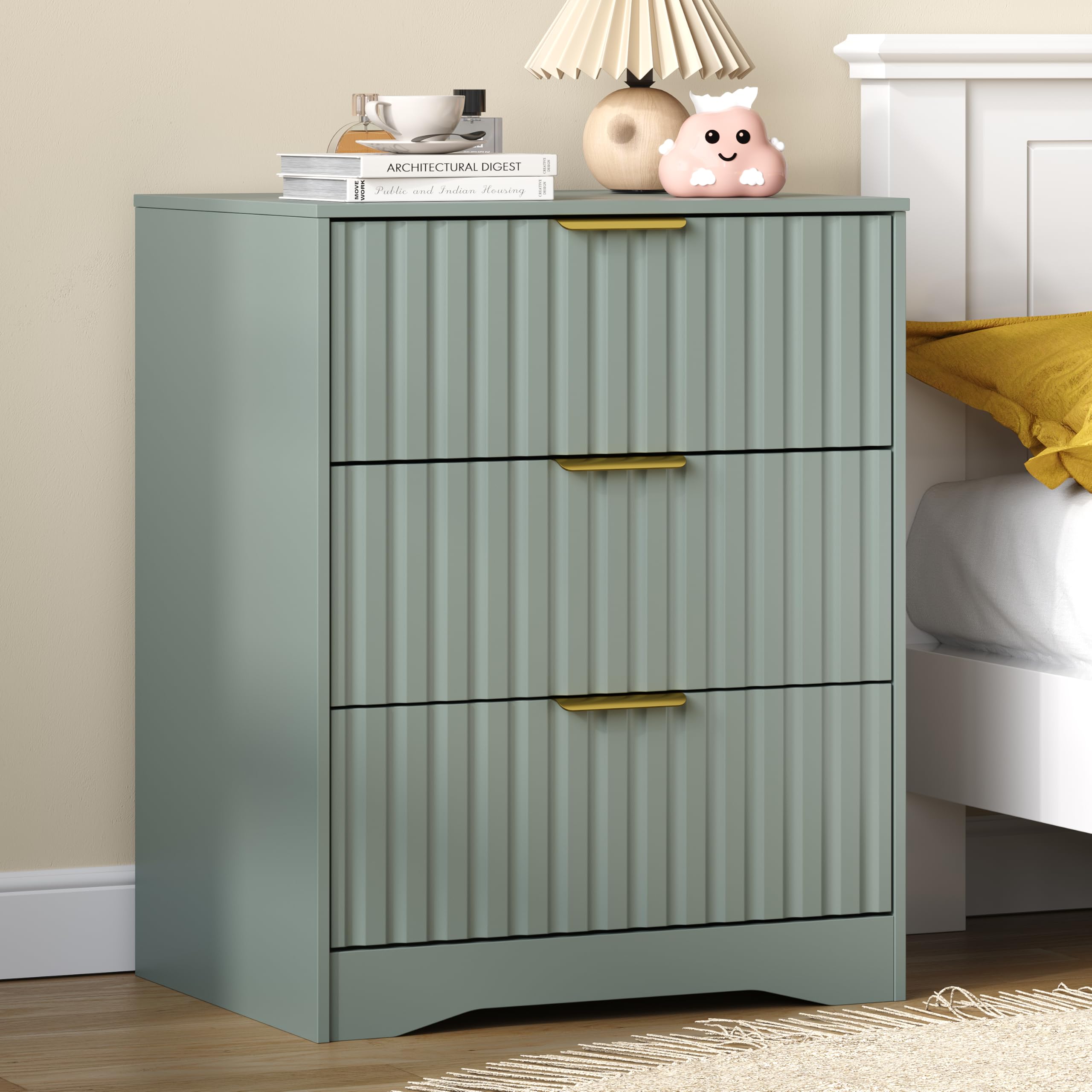 3 Drawer Dresser, Fluted Nightstand with Storage,Green