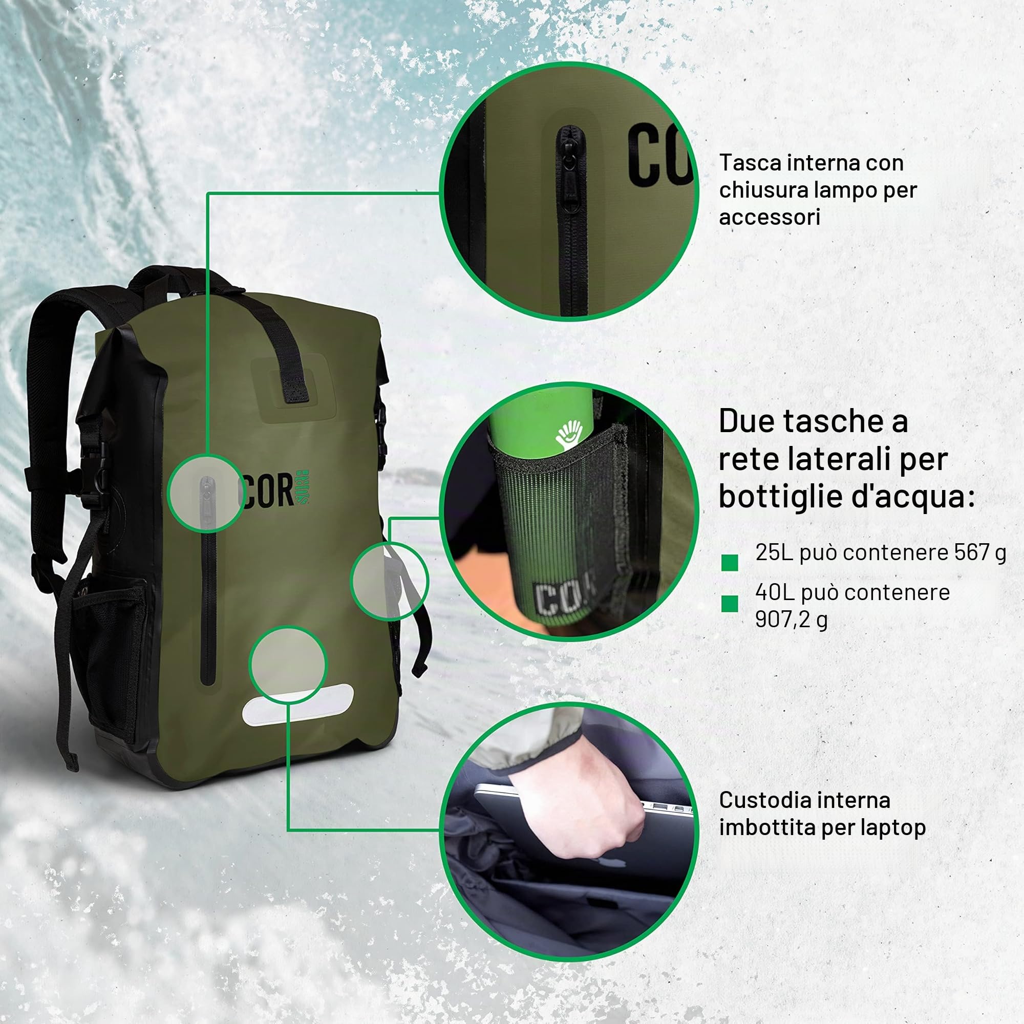 COR Surf Zaino Impermeabile con Tasca Imbottita per Portatile Capacita (25L & 40L)