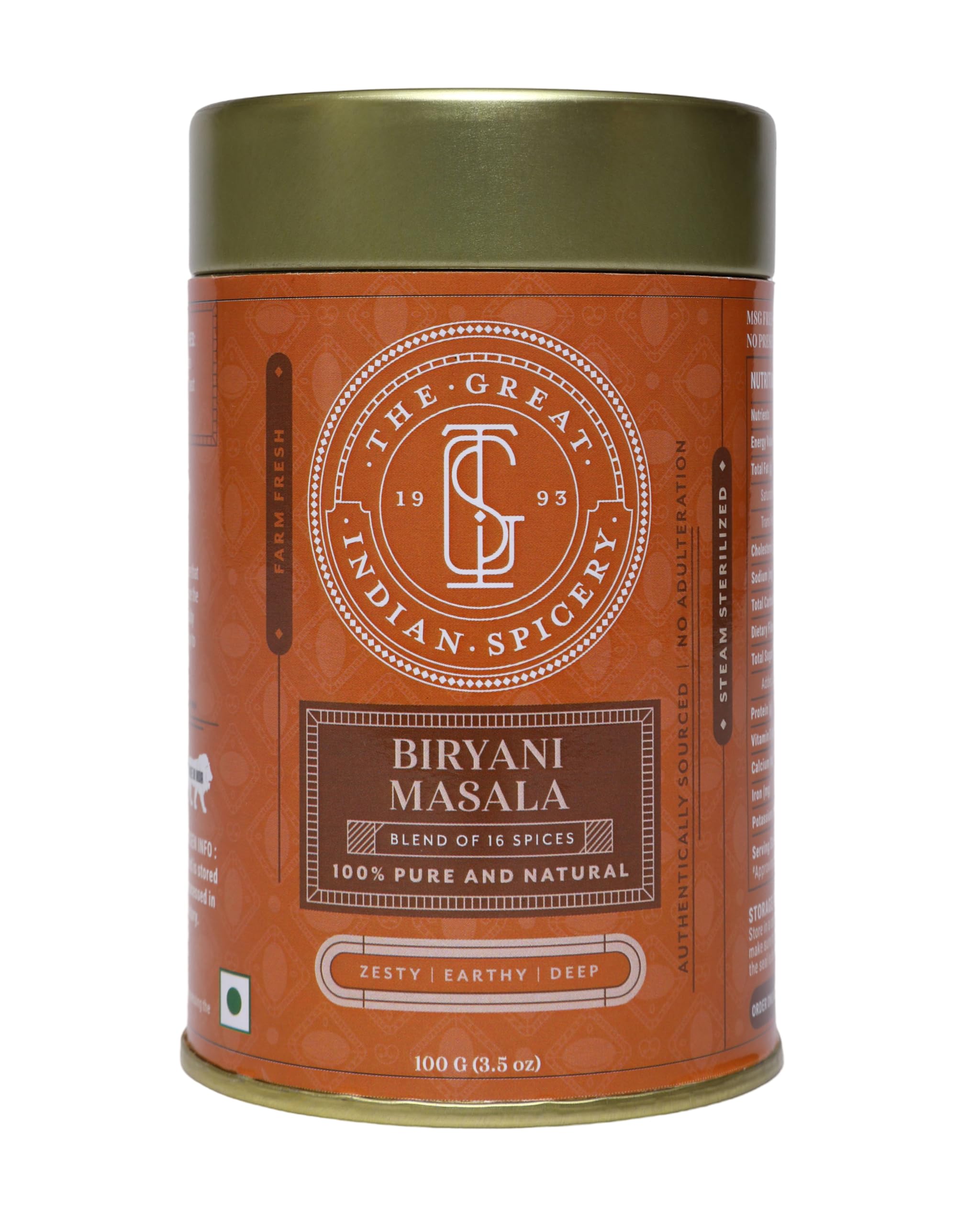 The Great Indian Spicery | Biryani Masala | 100gm Tin – Farm Fresh, Authentic, Non-Adulterated, Preservative-Free Spice Blend – Perfect for Flavorful Biryani & Pulao