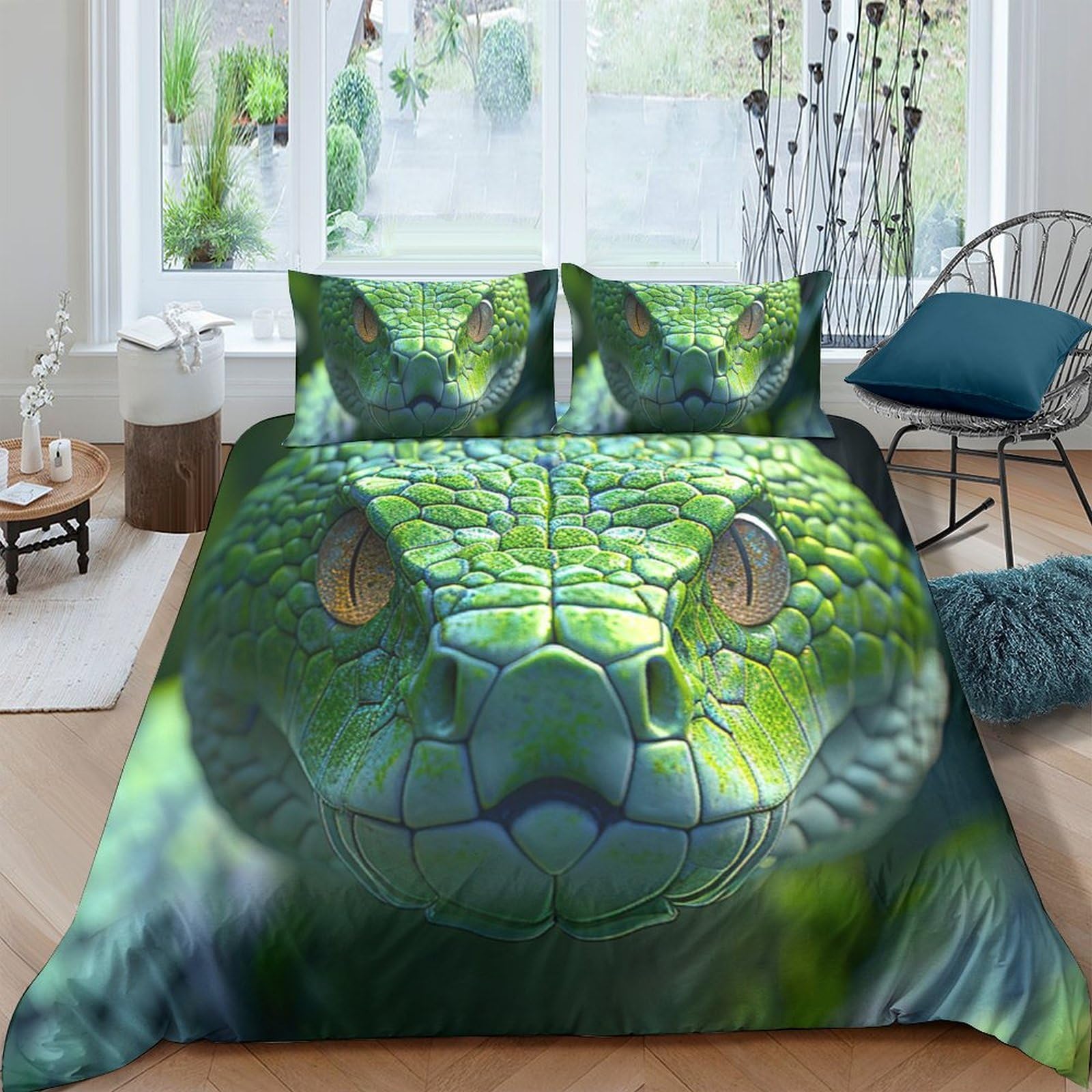 Ctjqhvkz Style-1 3D Printed Green Snake Fitted Sheet Microfiber Soft Breathable Forest Reptile Bed Cover For Bedroom Decor Single（135X200cm）