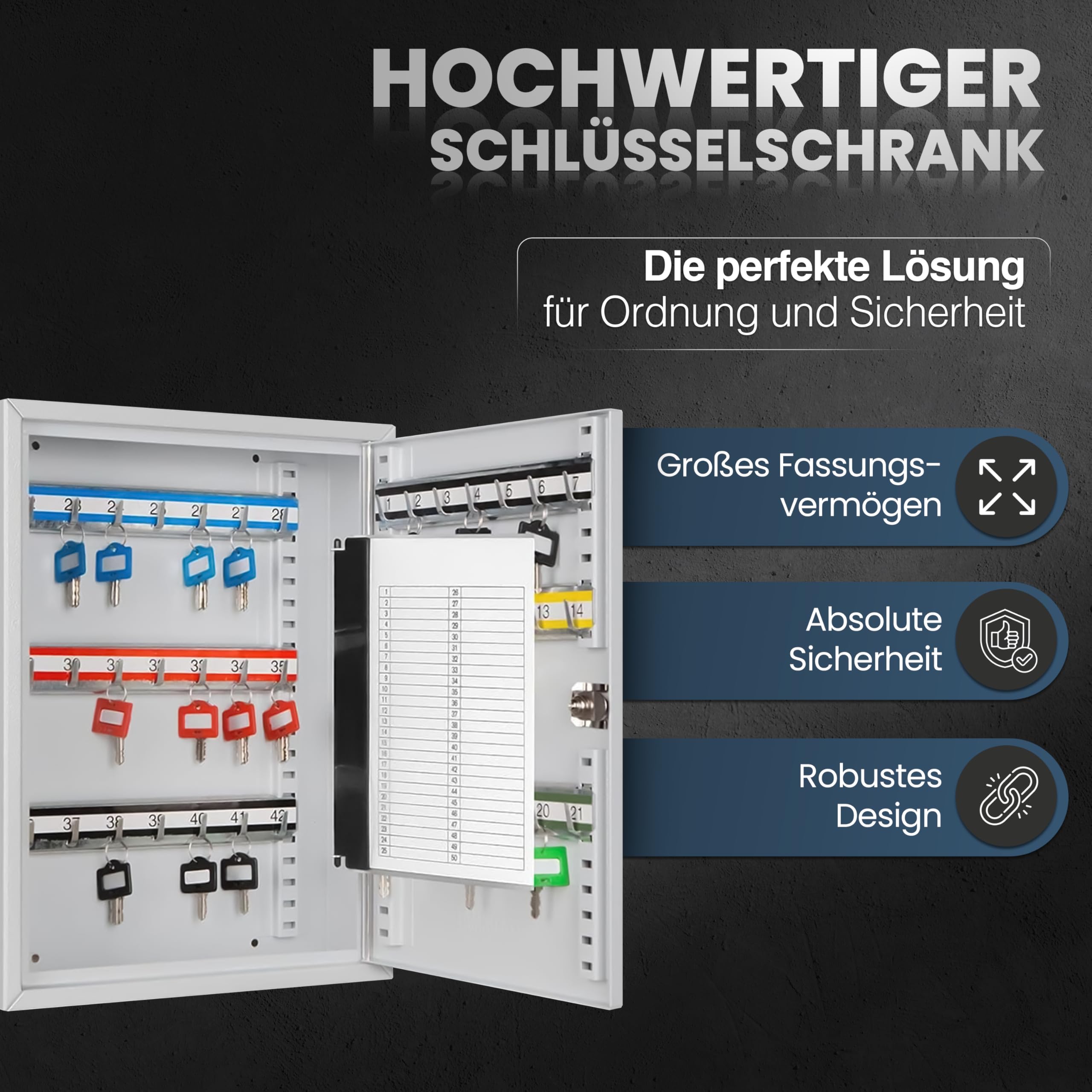 Schlüsselkasten SD42 – Schlüsselschrank mit 42 Haken, robuste Schlüsselbox aus Stahl, abschließbarer Safe, magnetische Außenseite, höhenverstellbare Leisten, Wandmontage (35x27x8cm)