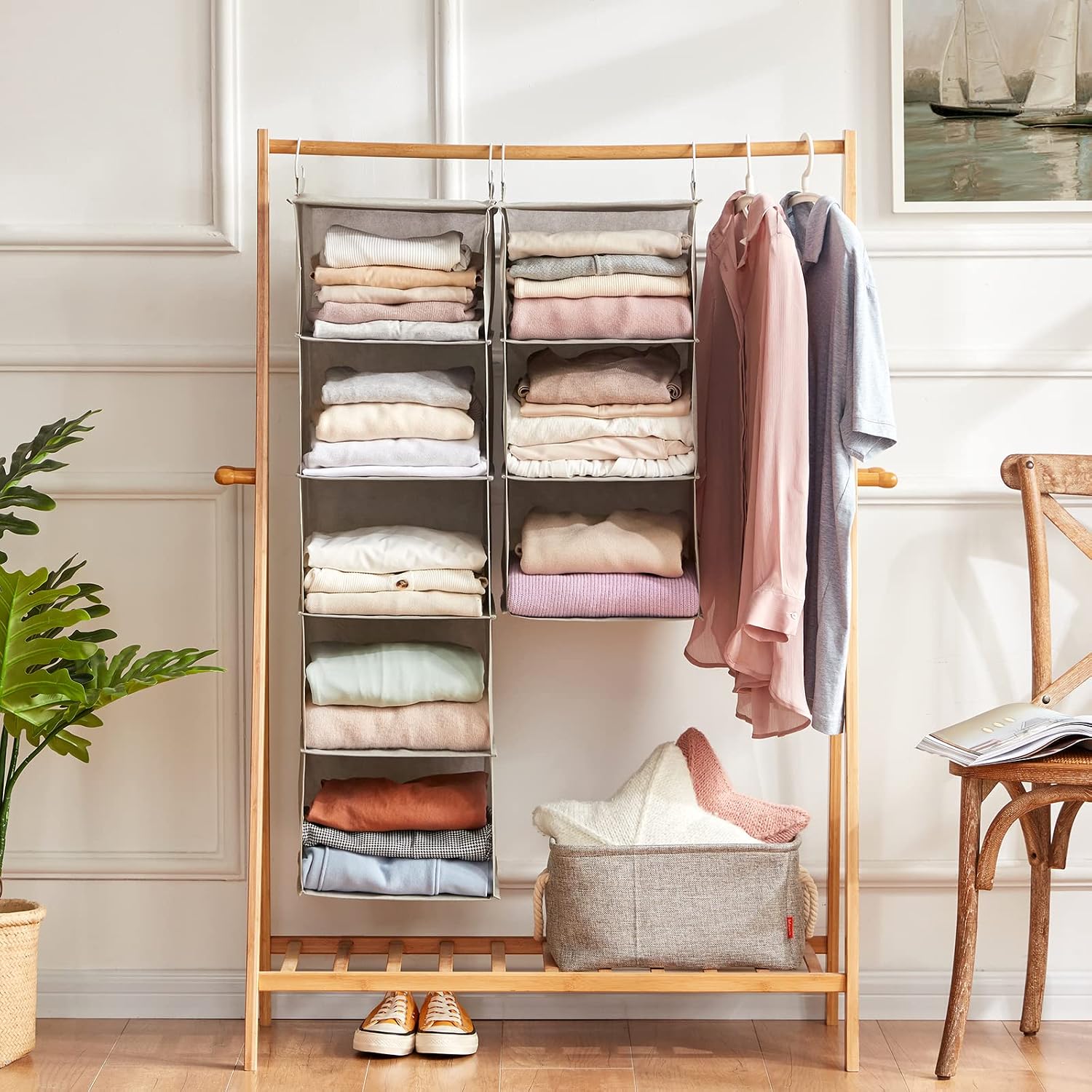 Lifewit 3-Shelf Hanging Closet Organizer with 2 Sturdy Hooks, Closet Hanging Storage Shelves Foldable Hanging Shelf Organizer, Light Grey