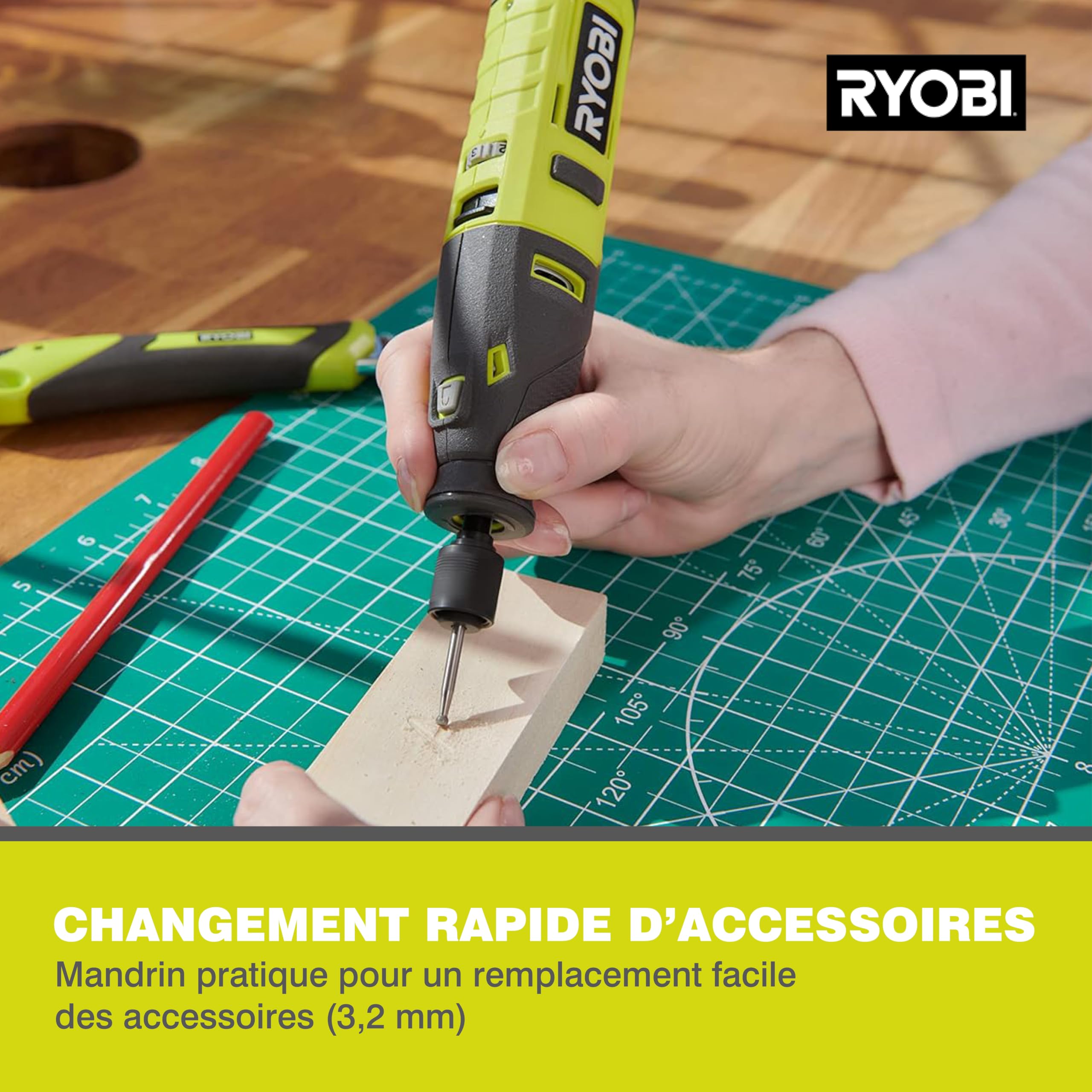 RYOBI - Mini-Outil Rotatif - 4V USB Lithium RRT4-120GA15 – 15 Accessoires Inclus, Vitesse Variable, Compact et Précis – Gravure, Ponçage, Découpe – Coffret avec Rangement