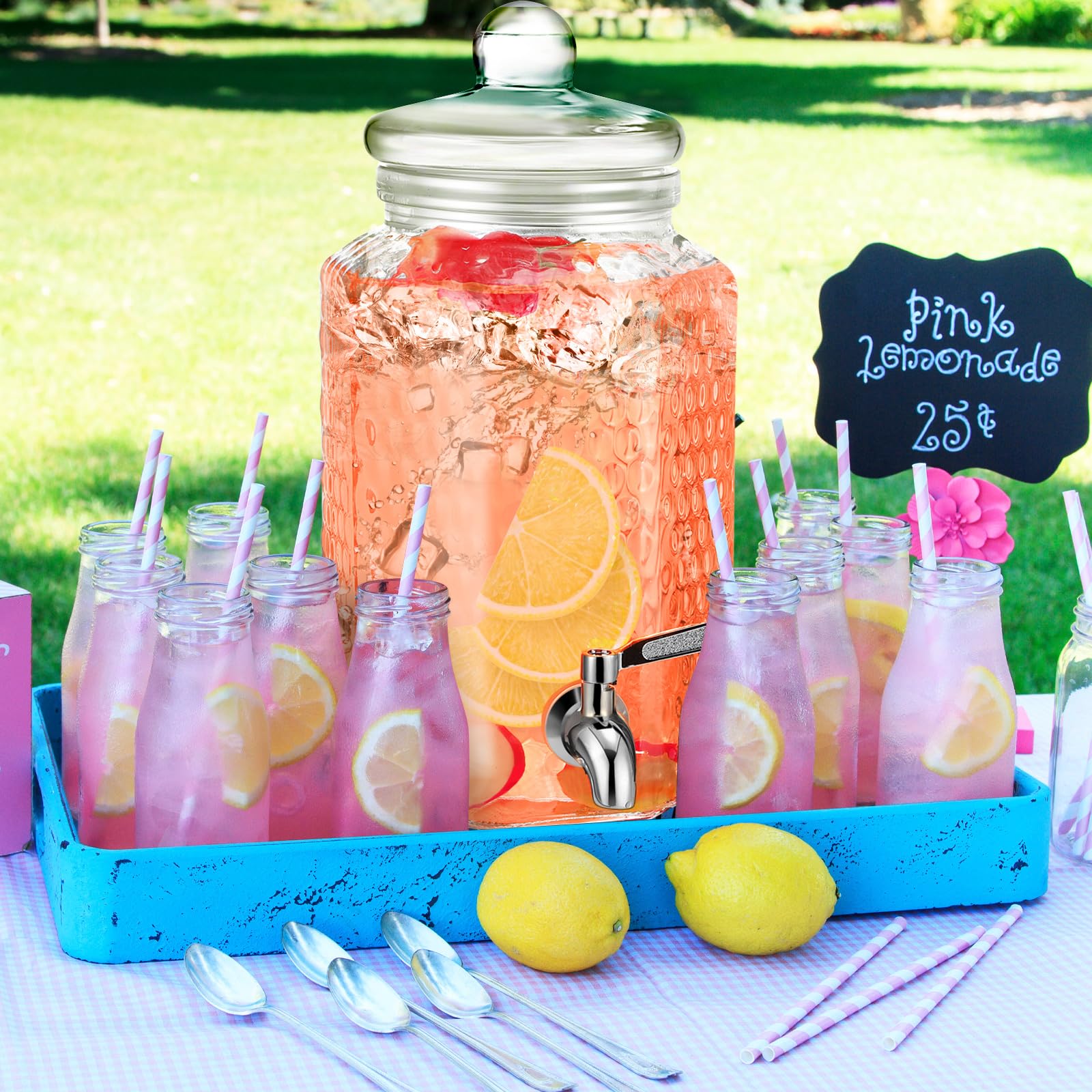 3 dispensadores de bebidas de 1 galón, dispensador de bebidas de vidrio con soporte, grandes recipientes transparentes para fiestas, jarra de vidrio con espiga y tapa para fiesta, bar,