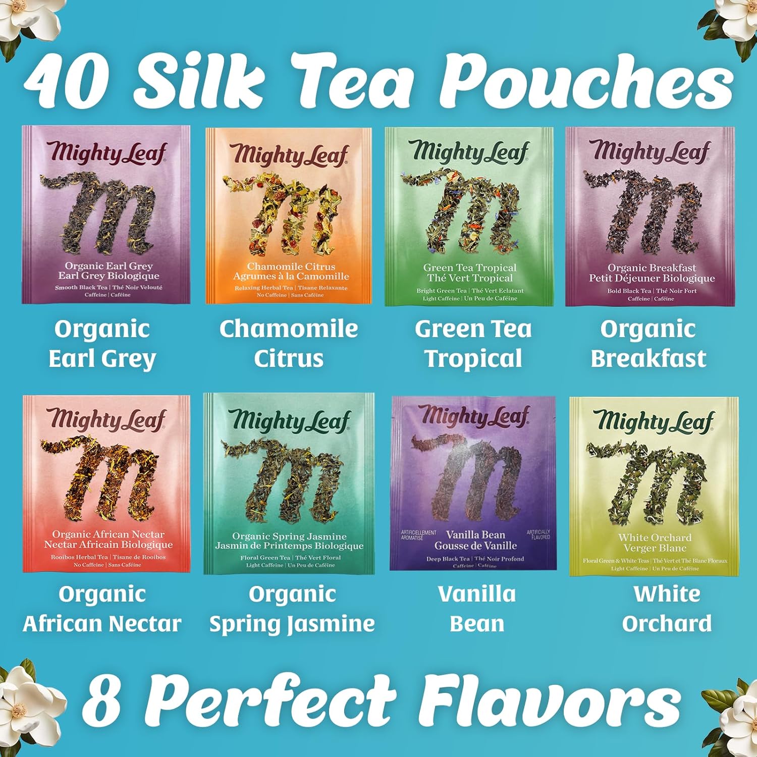 Mighty Leaf Organic Tea Sampler – 40 Count Silken Tea Bags – 8 Assorted Flavors: Tropical Green, Chamomile Citrus, Earl Grey, Vanilla Bean, White Orchard, Breakfast, Spring Jasmine, African Nectar – Premium Tea Gift Box