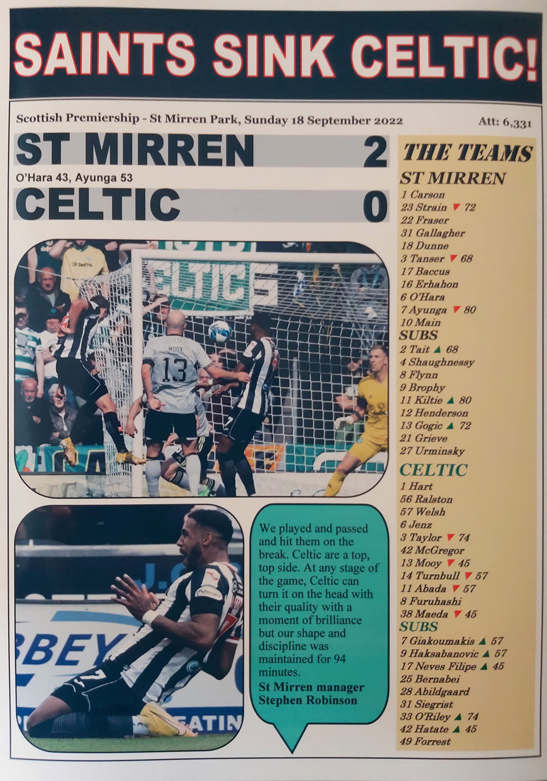 Assorted Multicoloured St Mirren 2 Celtic 0-2022 Scottish Premiership - Souvenir Print