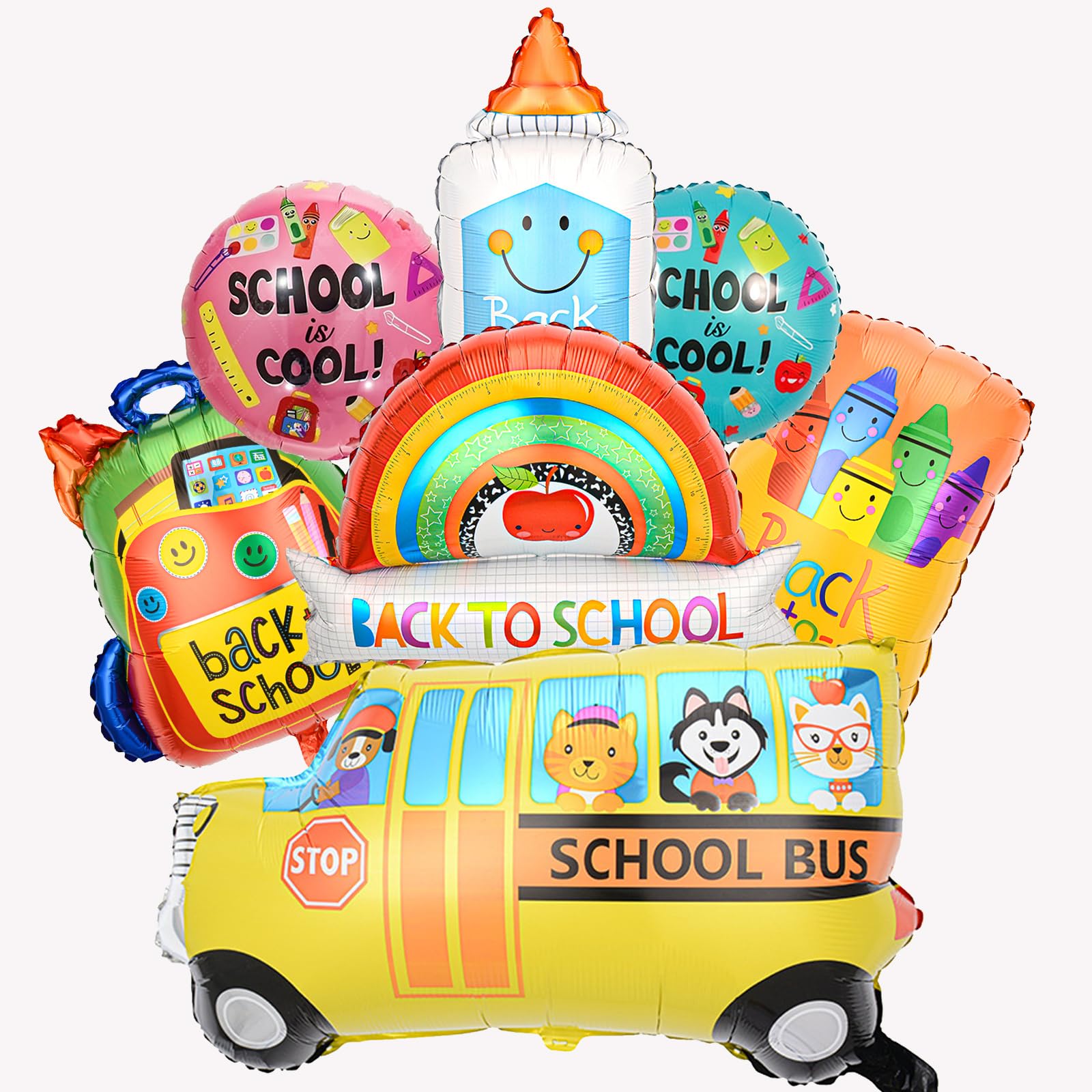 7 Pcs Back to School Balloons, School Bus Balloon, Colorful Schoolbag Pencil Foil Balloons for Classroom Decorations First Day of Kindergarten Decorations (School03)