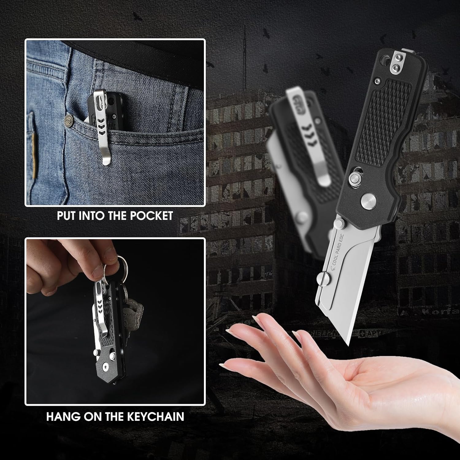 Utility Knife,Folding Box Cutter with Pocket Clip,Quick Change Blade Razor Knife with Rail Lock,Small EDC Knife with 4Pcs Extra Razor Blades,Ideal Gifts for Men Women（Black）