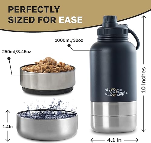 Miniatura 9 de Botella de agua de viaje 3 en 1 de 32 onzas para perros y seres humanos, doble uso, acero inoxidable, mantiene el agua caliente 6 horasfría 12