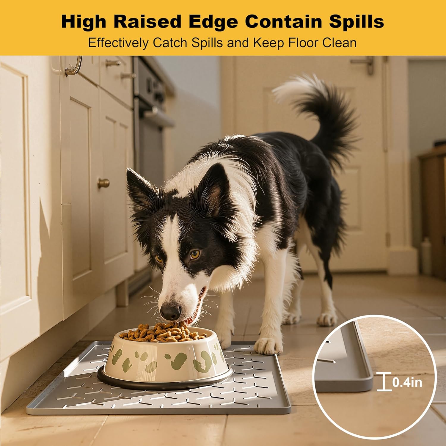 Pieviev 24''x16'' Dog Cat Food Bowl Mat, Silicone Waterproof Food Grade Pet Food Mat for Floor, High Raised Edge to Prevent Spills, Non-Slip & Easy Clean Pet Placemat for Dog & Cat Bowls, Light Gray - Image 2