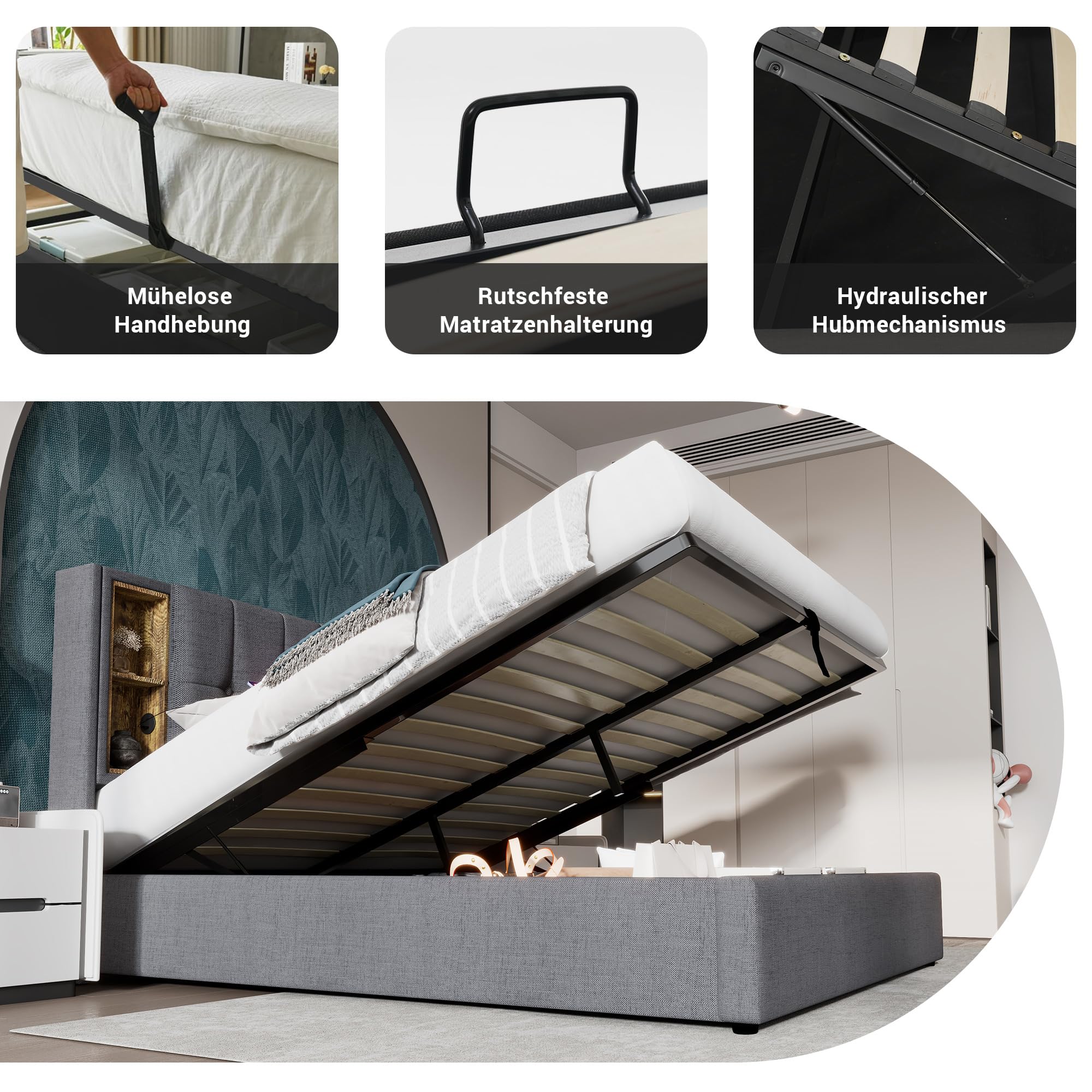 Bed 160x200 Cm Met Draadloos Opladen En LED-verlichting, Opbergbed Met Opbergruimte Bedframe Met Lattenbodem En Hoofdeinde 2 Pers Bed Fluweel Wit