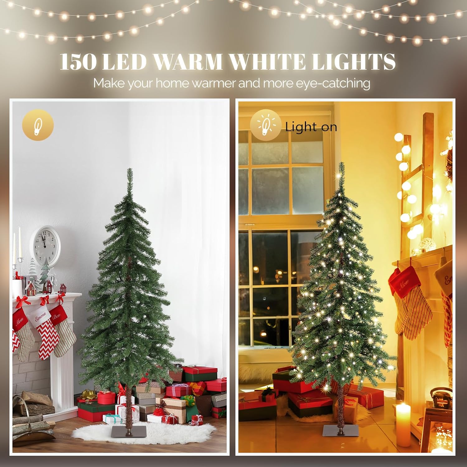 VINGLI 6ft Pre-lit Artificial Christmas Tree with Warm White LED Light, Slim Xmas Tree with 344 Realistic Branch Tips for Home, Office, Party Decoration Indoor Outdoor
