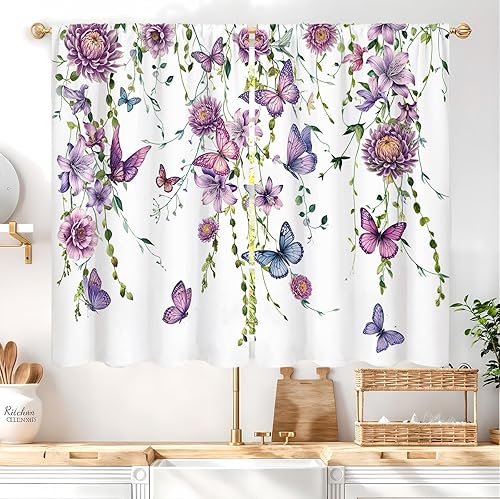 Miniatura 11 de Cortinas de cocina con estampado floral verde azulado de 27.5 pulgadas de ancho x 39 pulgadas de largo, 2 paneles con bolsillo para barra, rústicas,