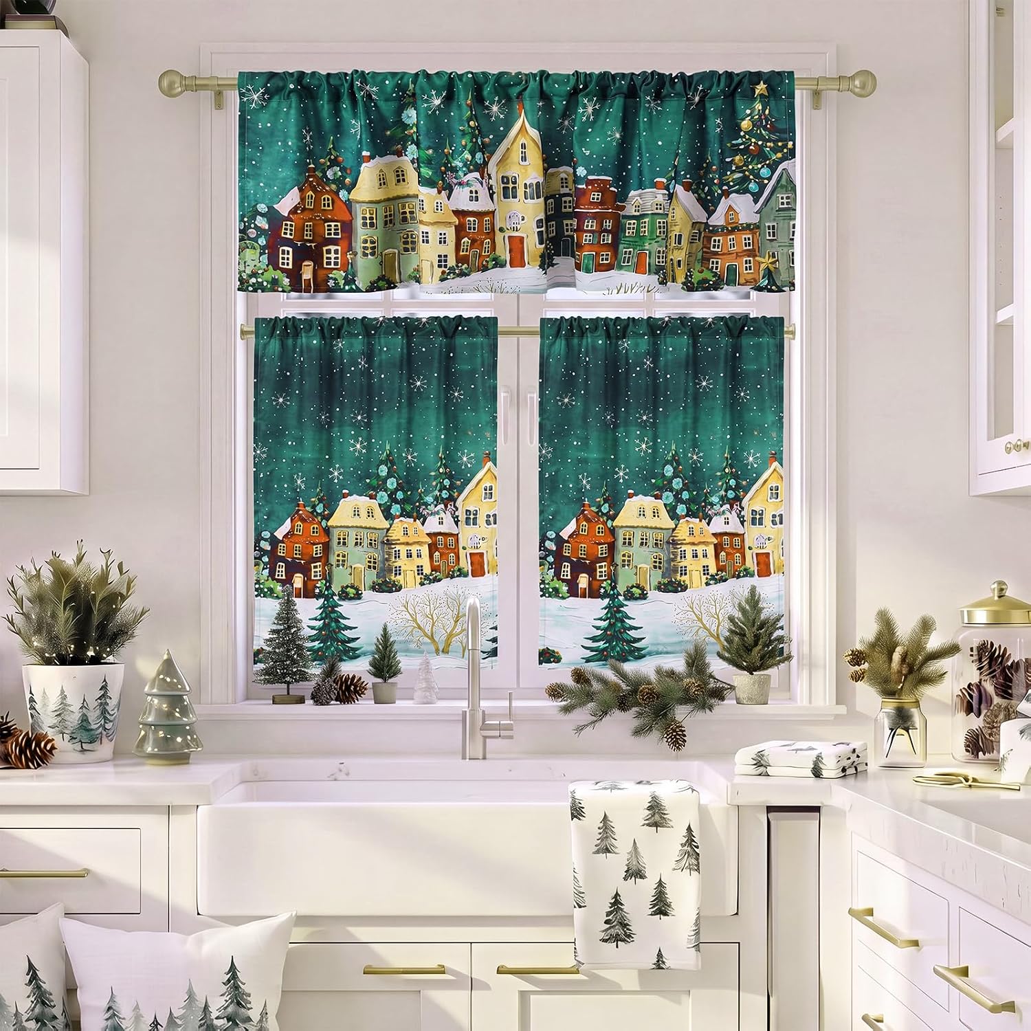 3 Pcs Christmas Wonderland Kitchen Curtain Valance Set