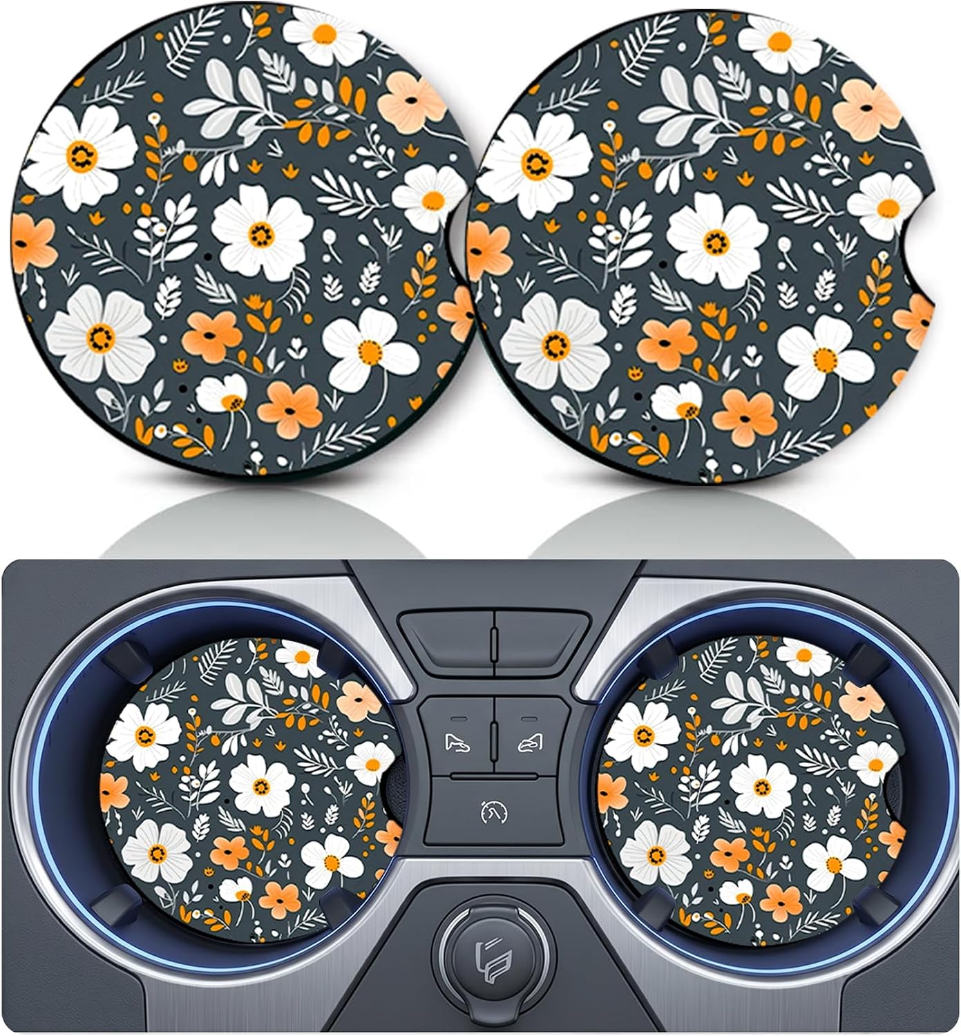2PCS Dark Floral Car Cup Holder Coasters Universal Anti-Slip Rubber Mat