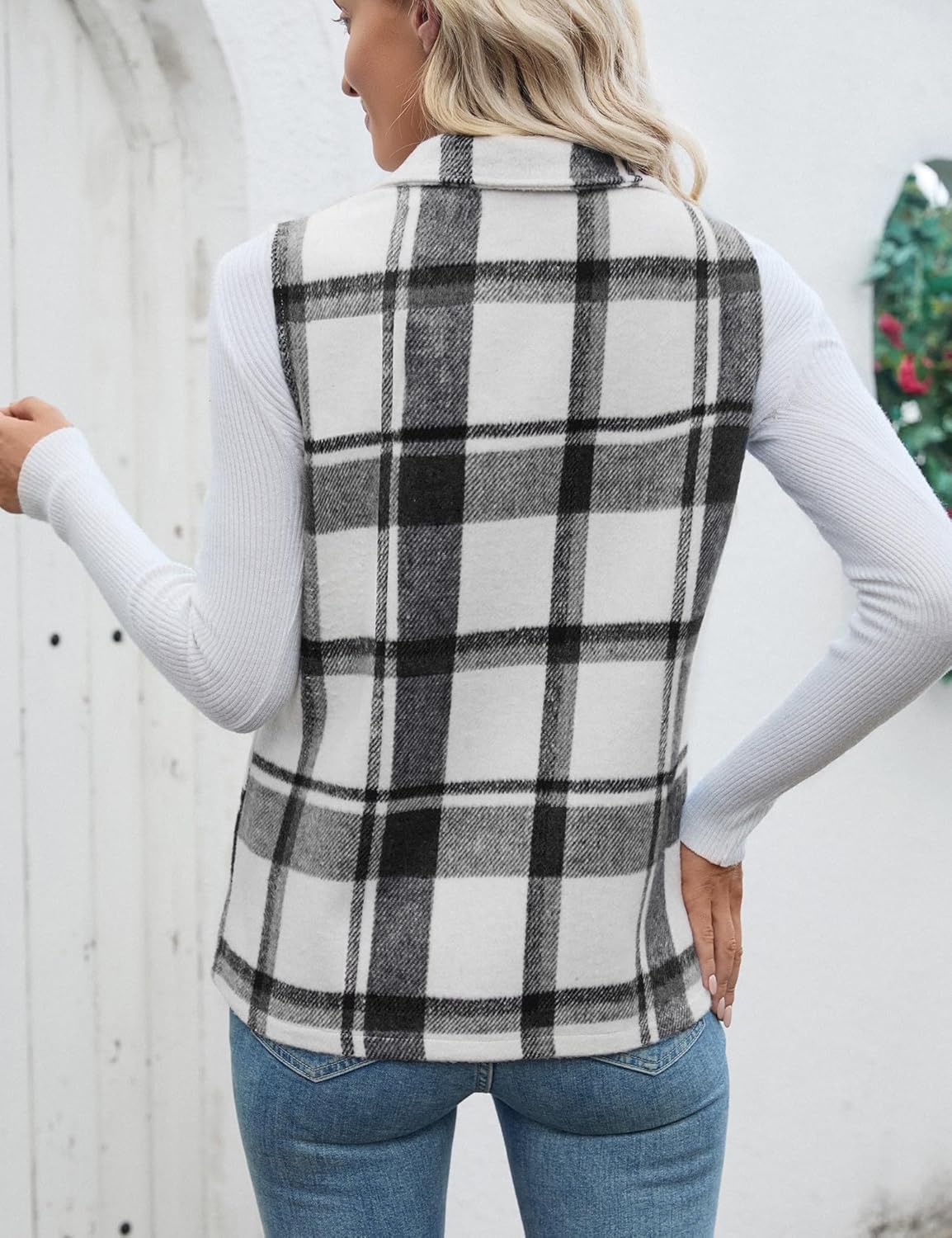 Rapbin Women's Plaid Outerwear Vests Tops Zip Up Collared Sleeveless Jacket with Pockects - Image 3