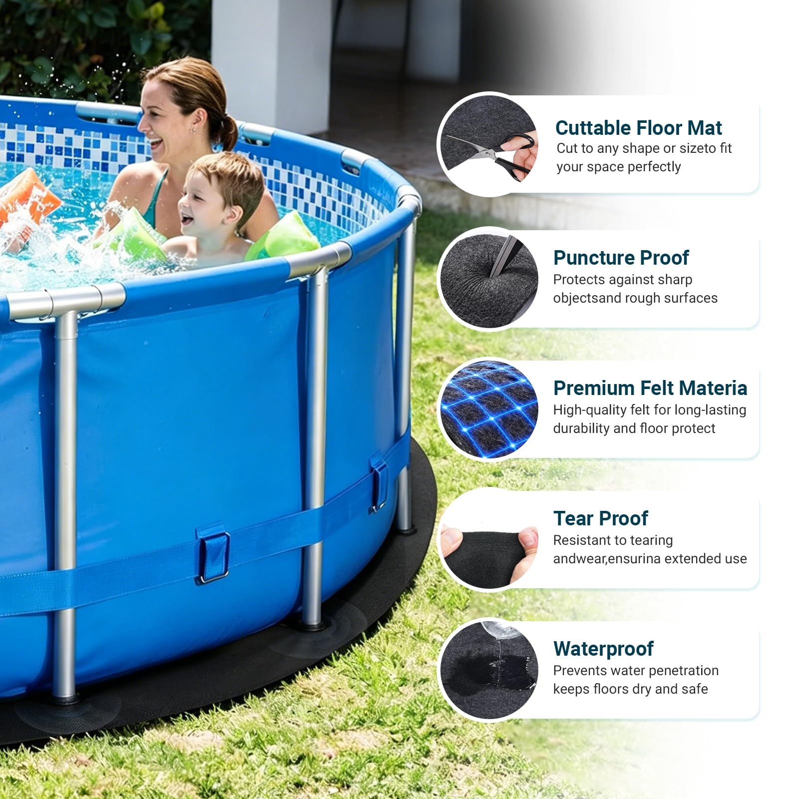 Base Redonda para Piscina 200cm, Base para Piscina Exteriores, Almohadilla de Piscina, Protege El Suelo, Antideslizante, Antimoho, Antidesgarro, Apto para Piscinas y Bañeras Exteriores