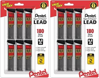 Pentel Super Hi-Polymer Refills, 0.5 mm Fine, HB, 180 Pieces of Lead (C25BPHB6), (Pack of 2)