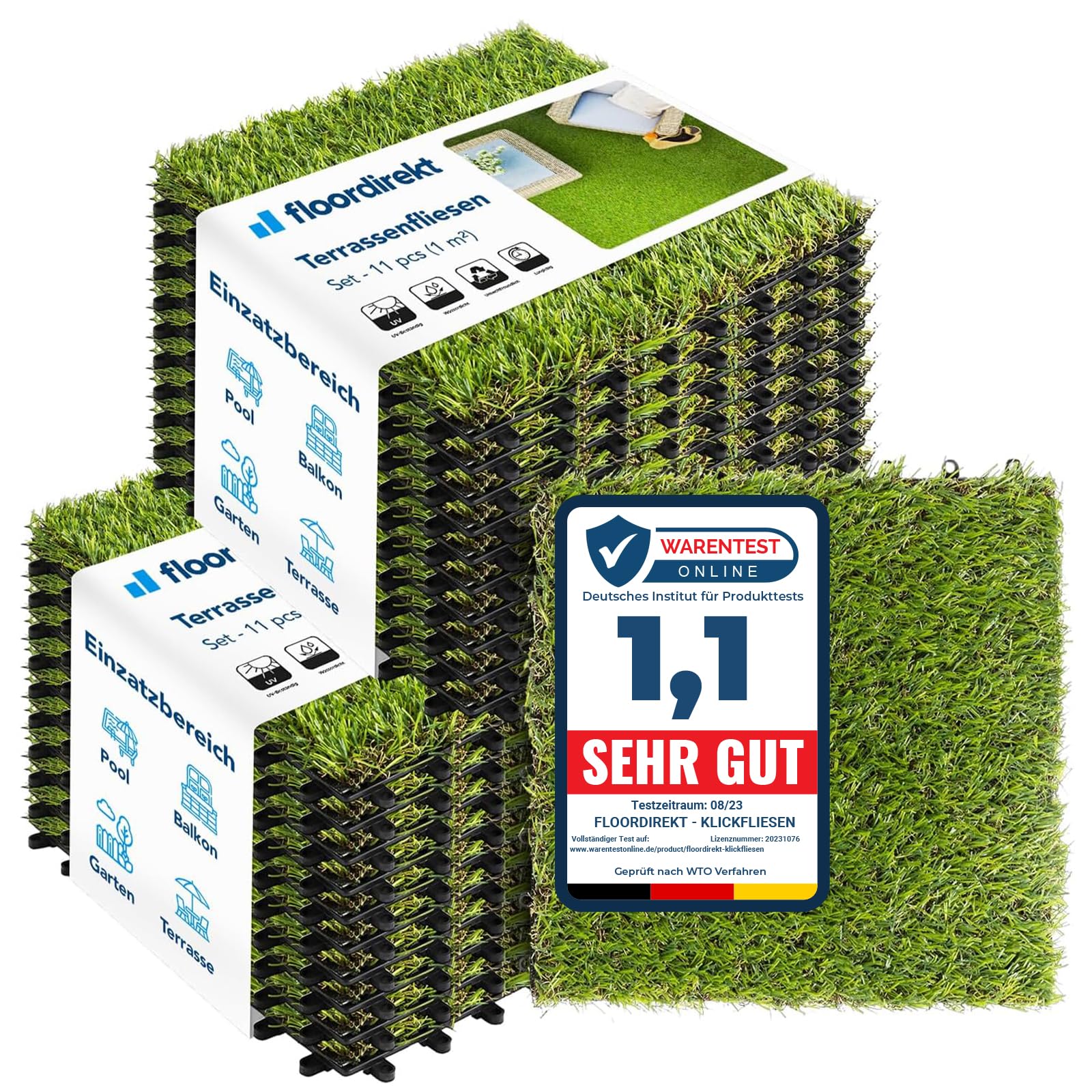 Floordirekt Piastrelle a clic, 30 x 30 cm, 2 m² = 22 piastrelle per terrazze, balconi e terrazze, resistenti alle intemperie, con funzione di drenaggio, erba