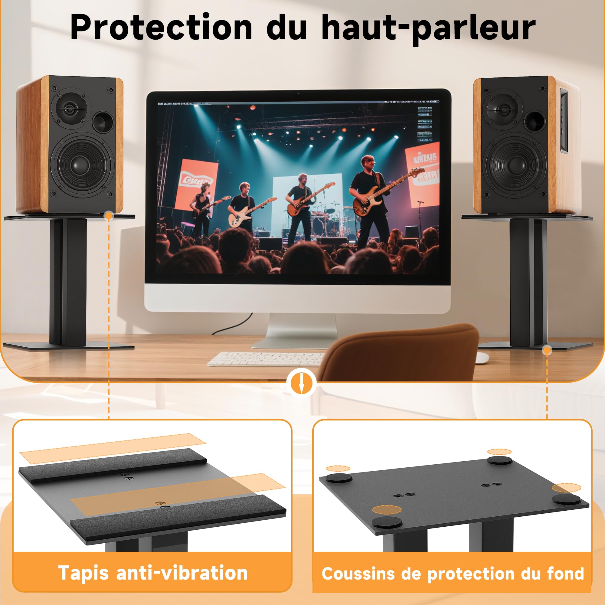 OUUTMEE Lot de 2 Supports d'Enceinte de Bureau, Pieds d'Enceintes en Métal Universels, Supports pour Haut-Parleurs d'Ordinateur et de Bibliothèque, Jusqu'à 13KG (Grande)