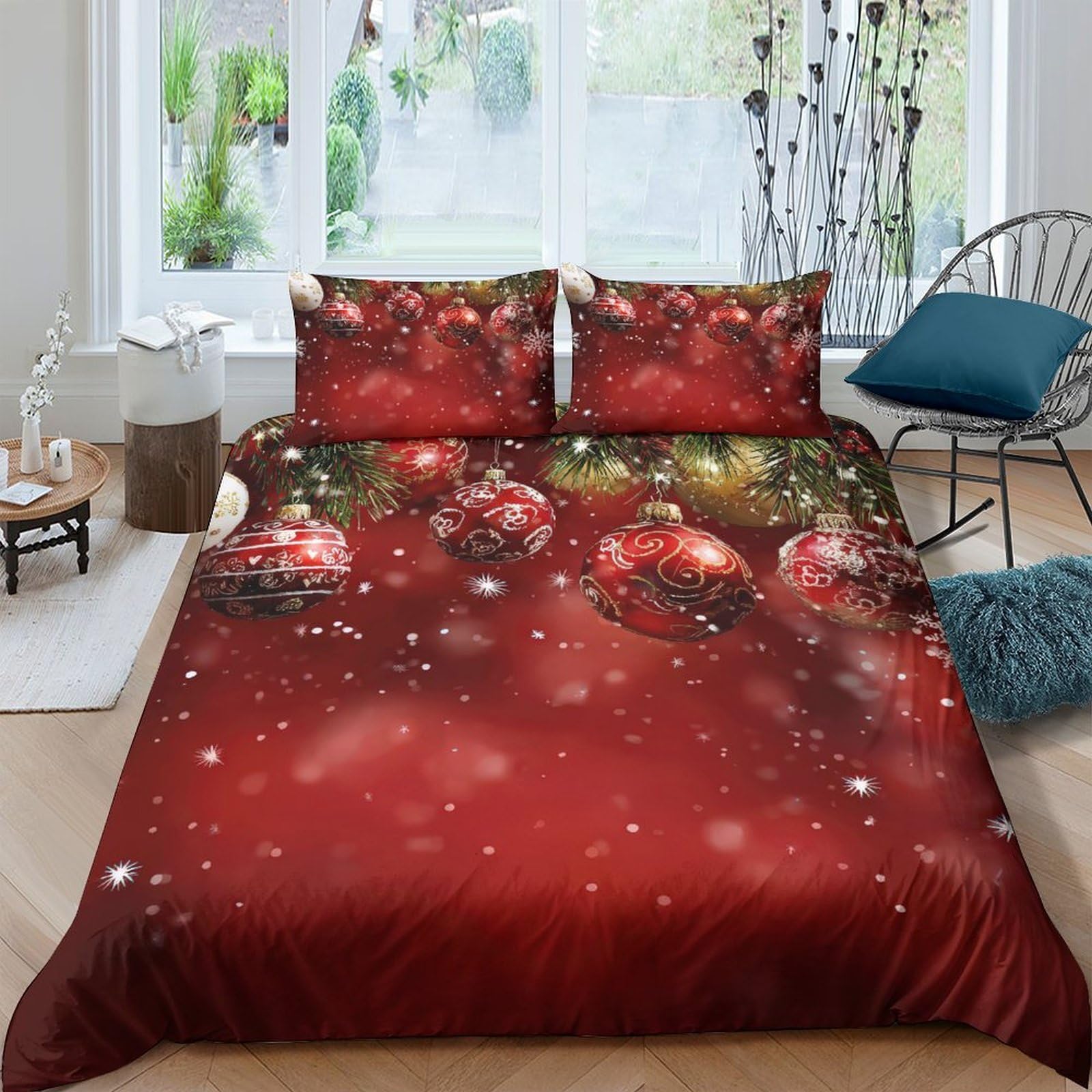 Ctjqhvkz Style-1 3D Printed Christmas Ornament Fitted Sheet Microfiber Red Snowflake Mattress Cover For Bedroom Guest Room Decor Single（135X200cm）