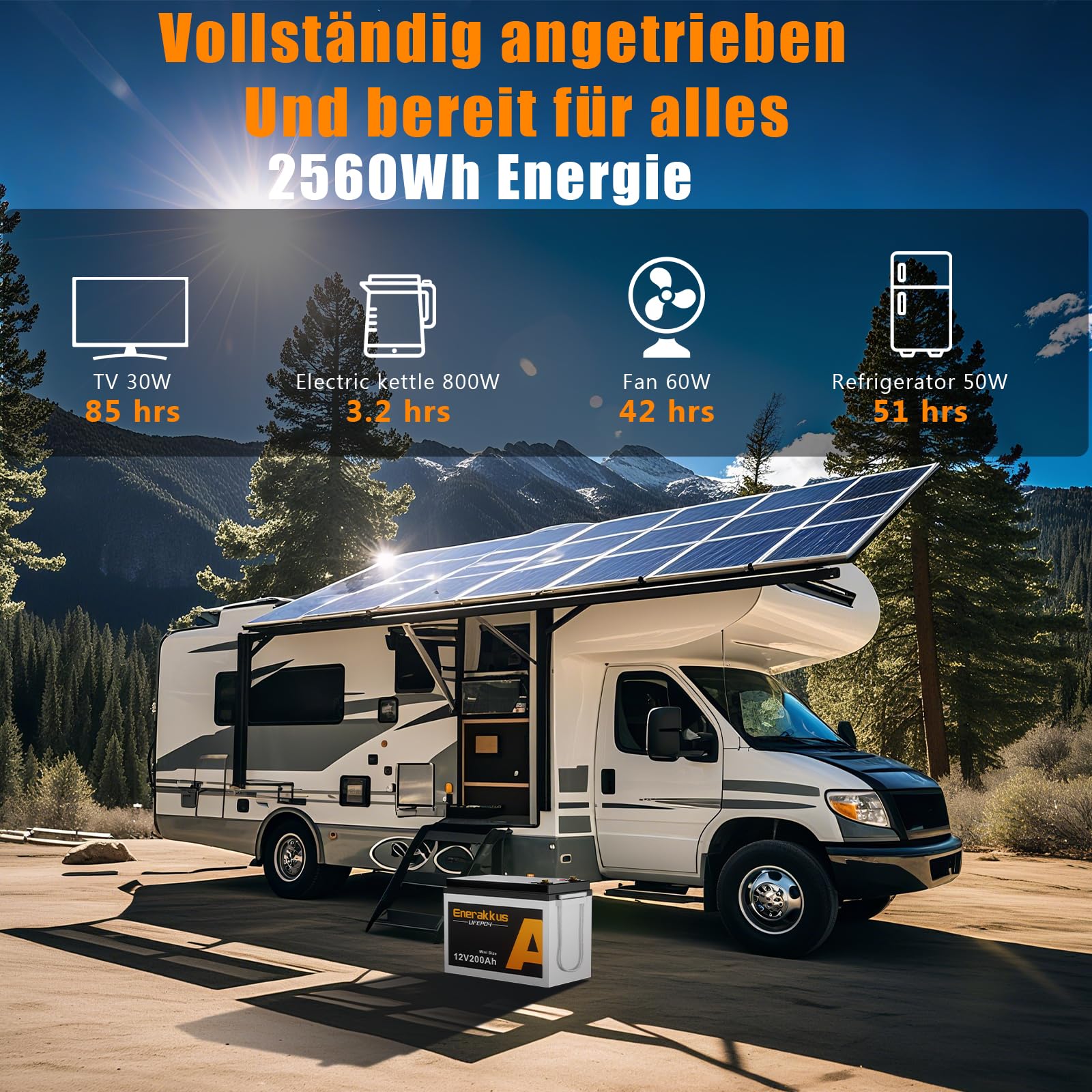 Batería de litio Enerakkus 12V 200AH LiFePO4 de tamaño mini, batería Bluetooth de 2560Wh, BMS de 200Ah con protección contra bajas temperaturas, para autocaravanas, sistemas solares, barcos y camping.