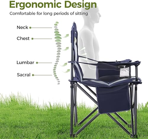 Miniatura 6 de ALPHA CAMP Silla de camping de gran tamaño, silla de césped resistente con soporte de bolsa enfriadora de 450 libras, marco de acero plegable, con