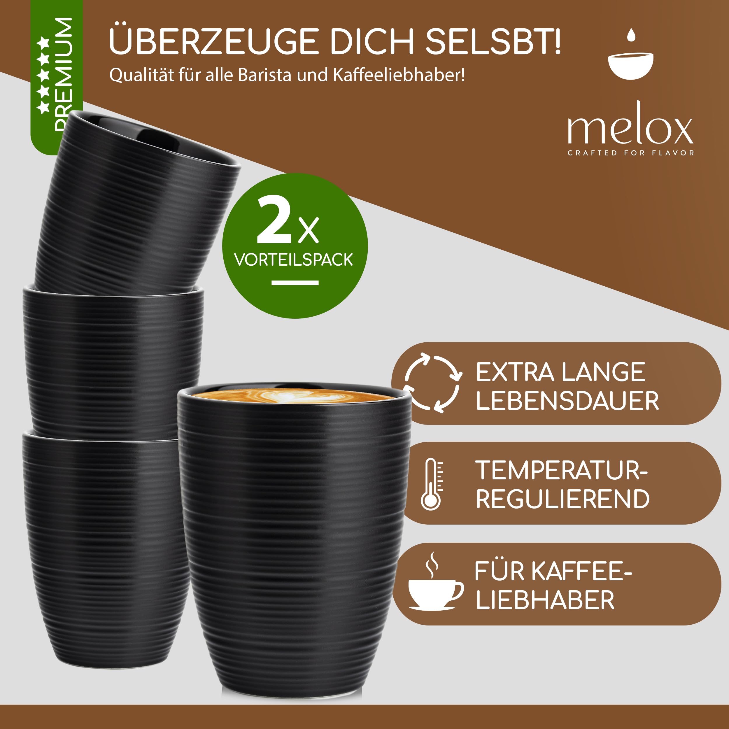 MELOX - Set di 2 tazze da latte macchiato Tornado Line Porcellana Nero senza manico - 2 tazze da 300 ml per latte, caffè e cappuccino a pareti spesse - tazze da caffè in design italiano