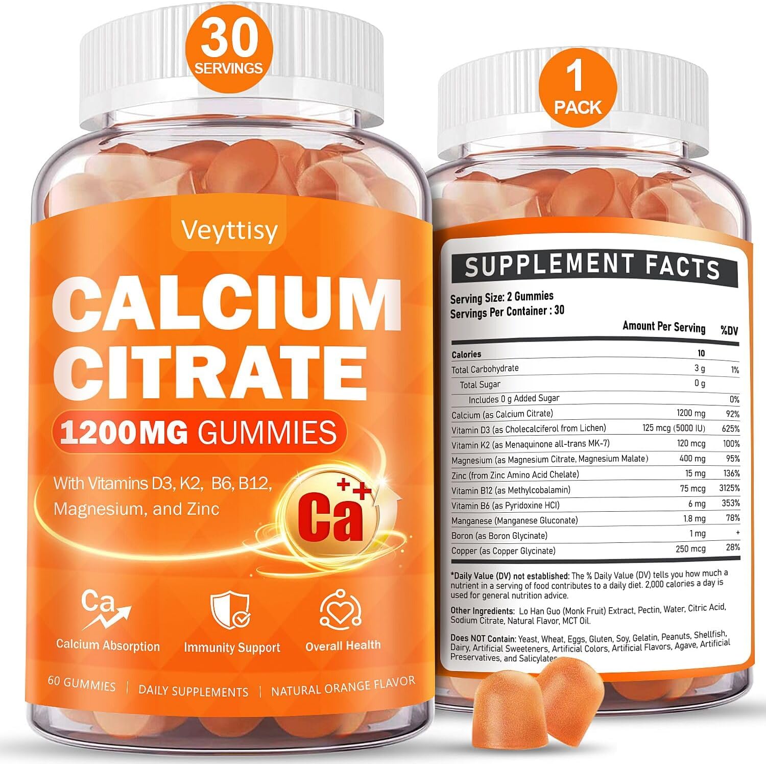 Calcium 1200 mg with Vitamin D3 Supplement for Adults - Calcium Gummies with 5000iu Vitamin D3, K2, B6, B12, Magnesium & Zinc - Calcium Supplement for Women Men - Easy to Digest, Vegan (1 pack)